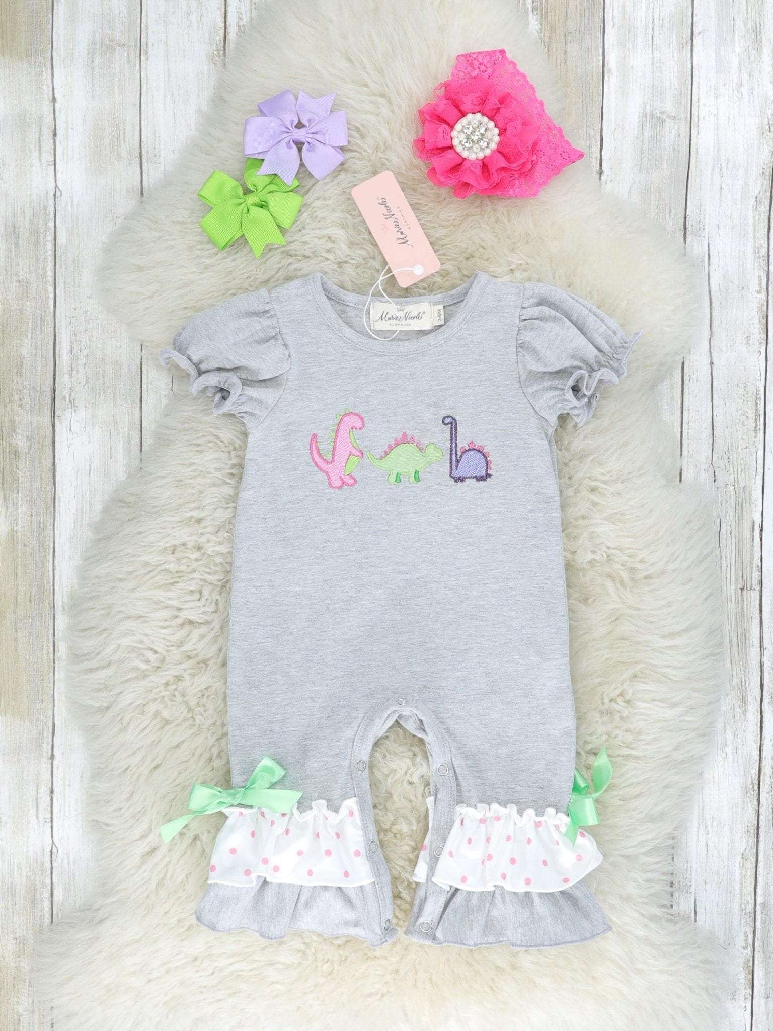Grey Dinosaur Ruffle Romper - Marie Nicole Clothing