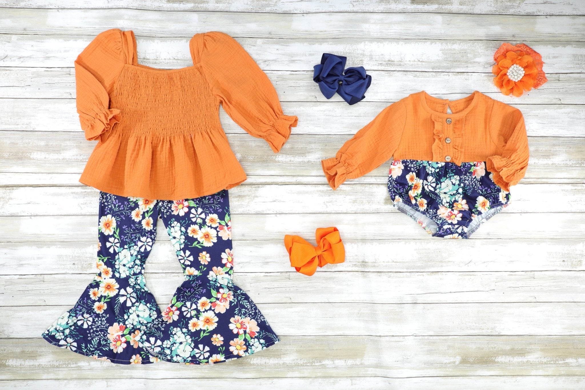Burnt Orange Floral Ruffle Smocked Outfit - Marie Nicole Clothing