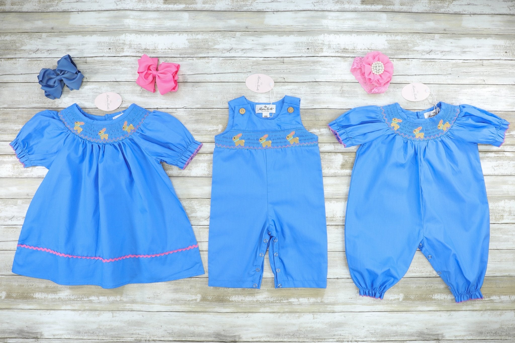 Blue Smocked Bunny Dress - Marie Nicole Clothing
