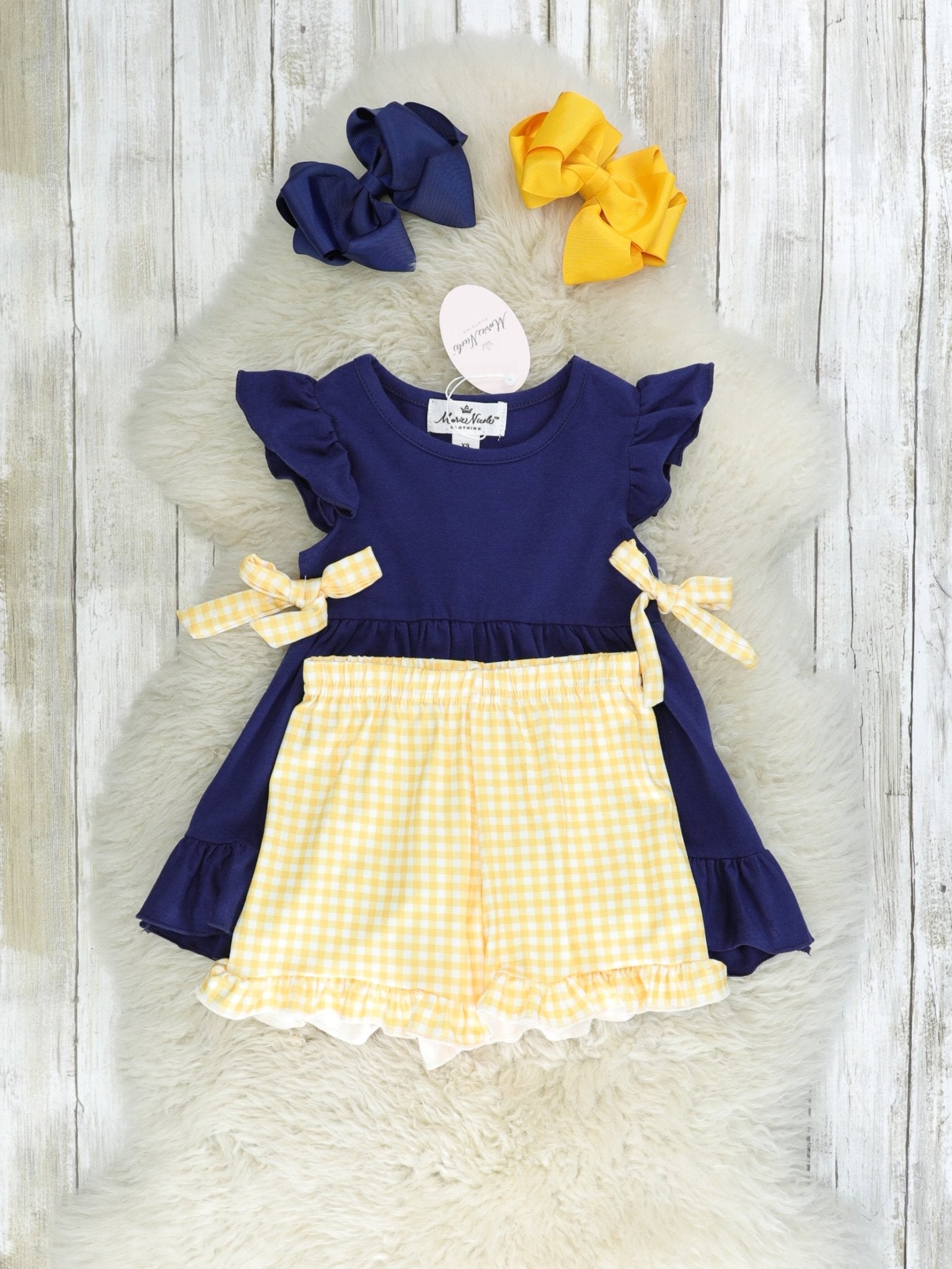 Navy & Yellow Gingham Ruffle Outfit - Marie Nicole Clothing