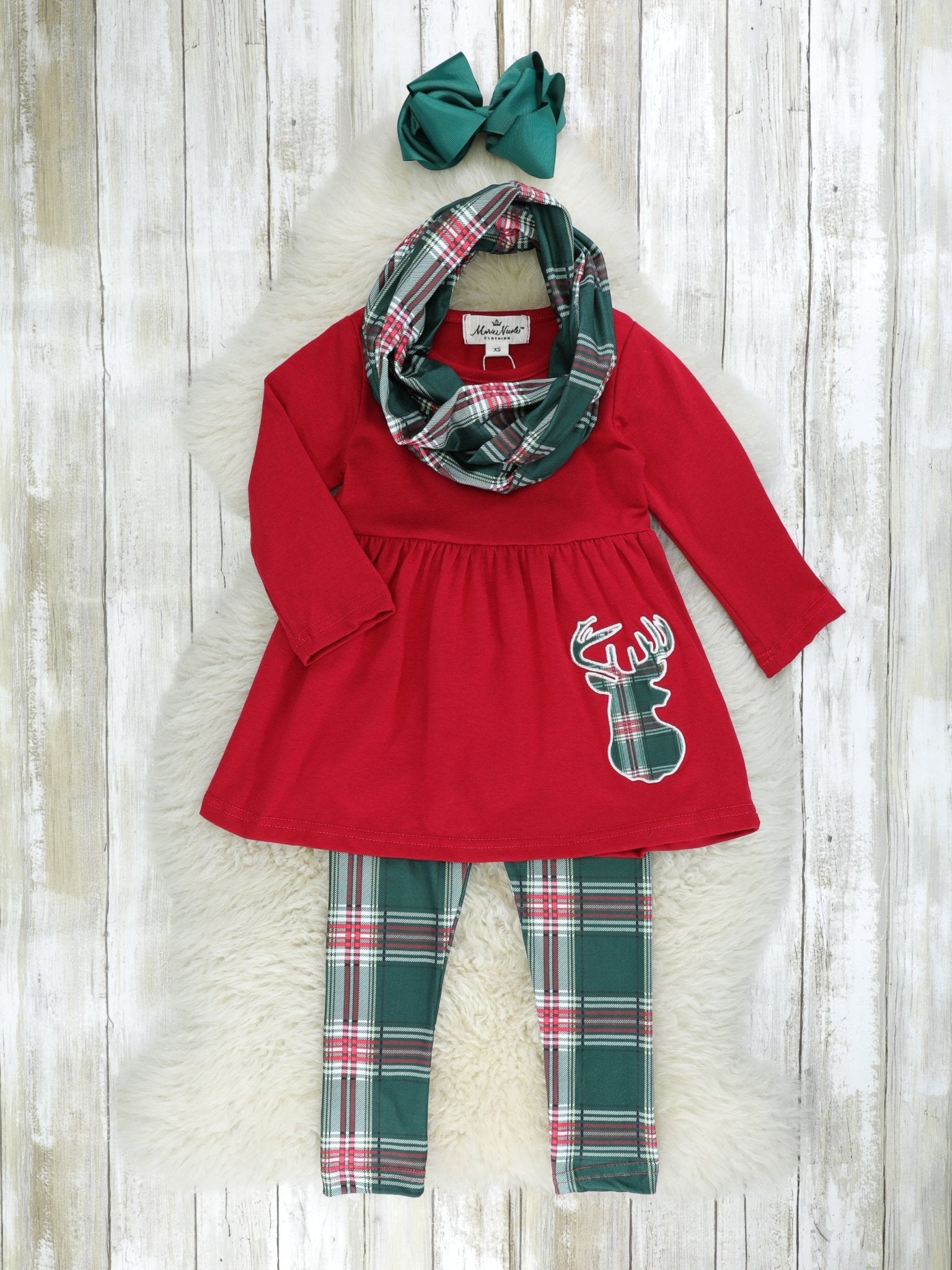 Hunter Green Plaid Reindeer 3 - Piece Outfit - Marie Nicole Clothing