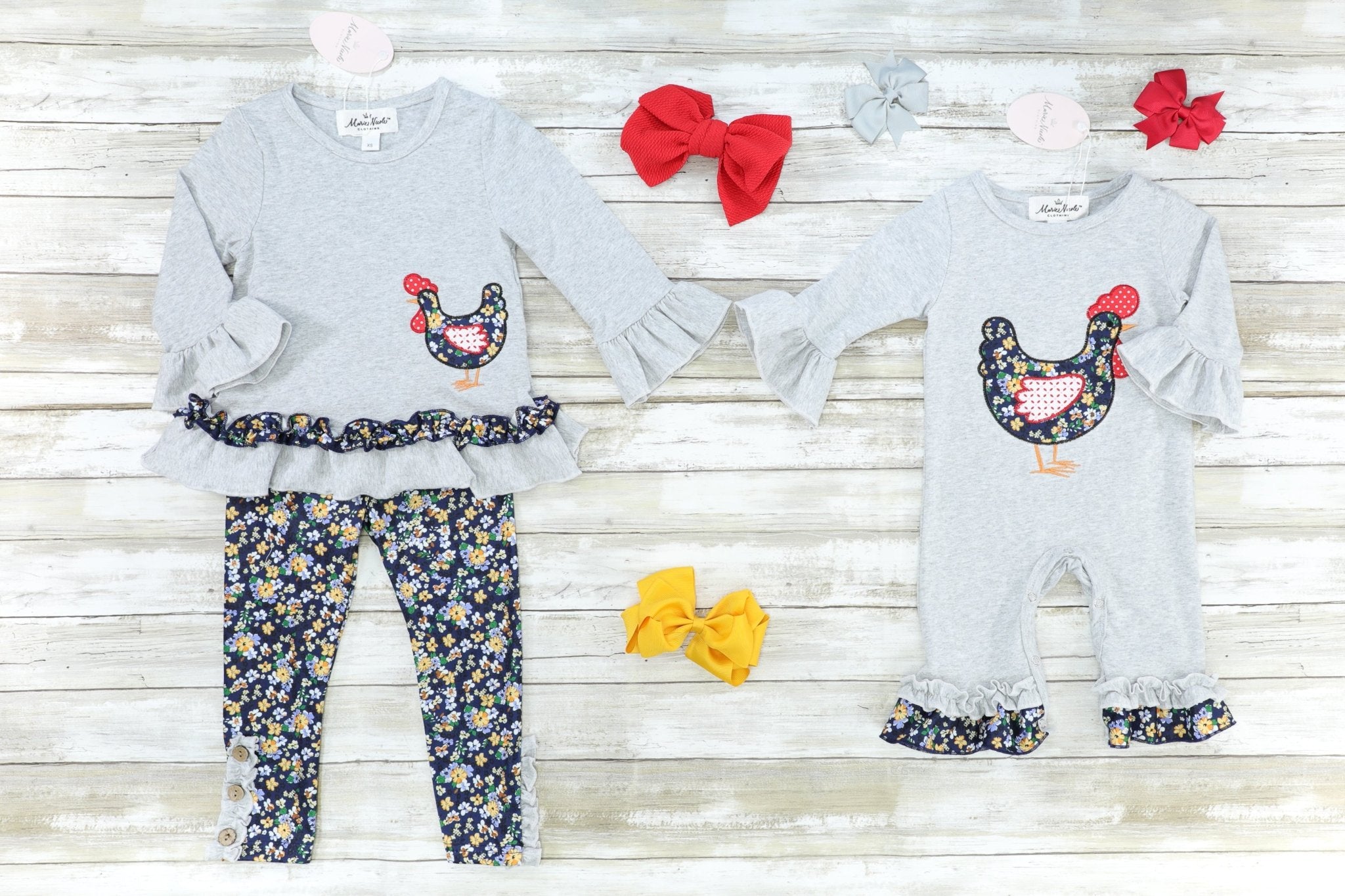 Grey & Navy Floral Chicken Ruffle Romper - Marie Nicole Clothing