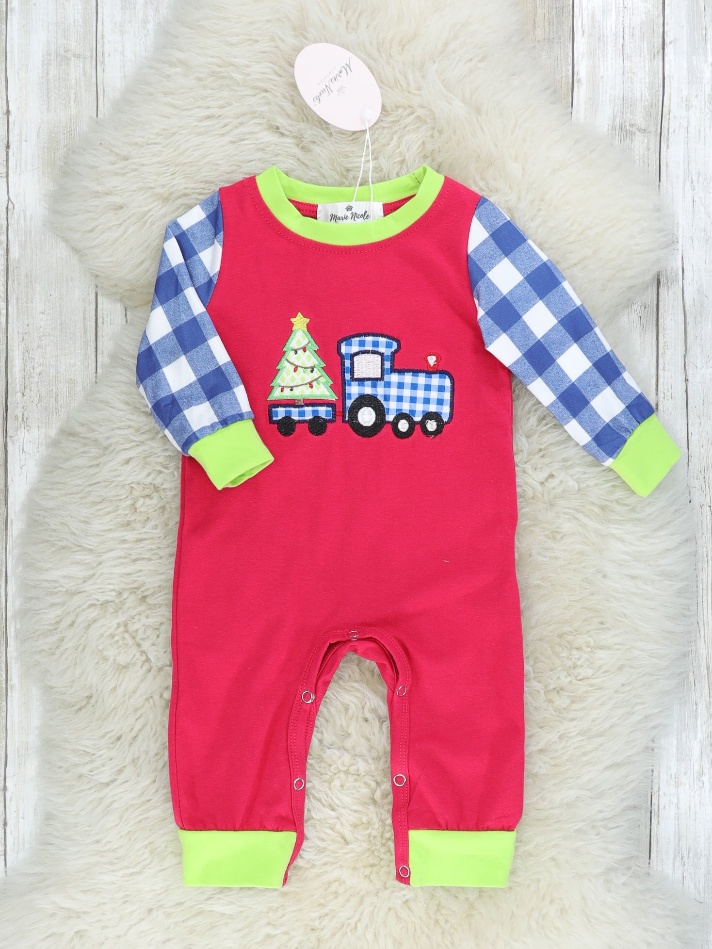 Blue Gingham Christmas Tree Truck Raglan Romper - Marie Nicole Clothing