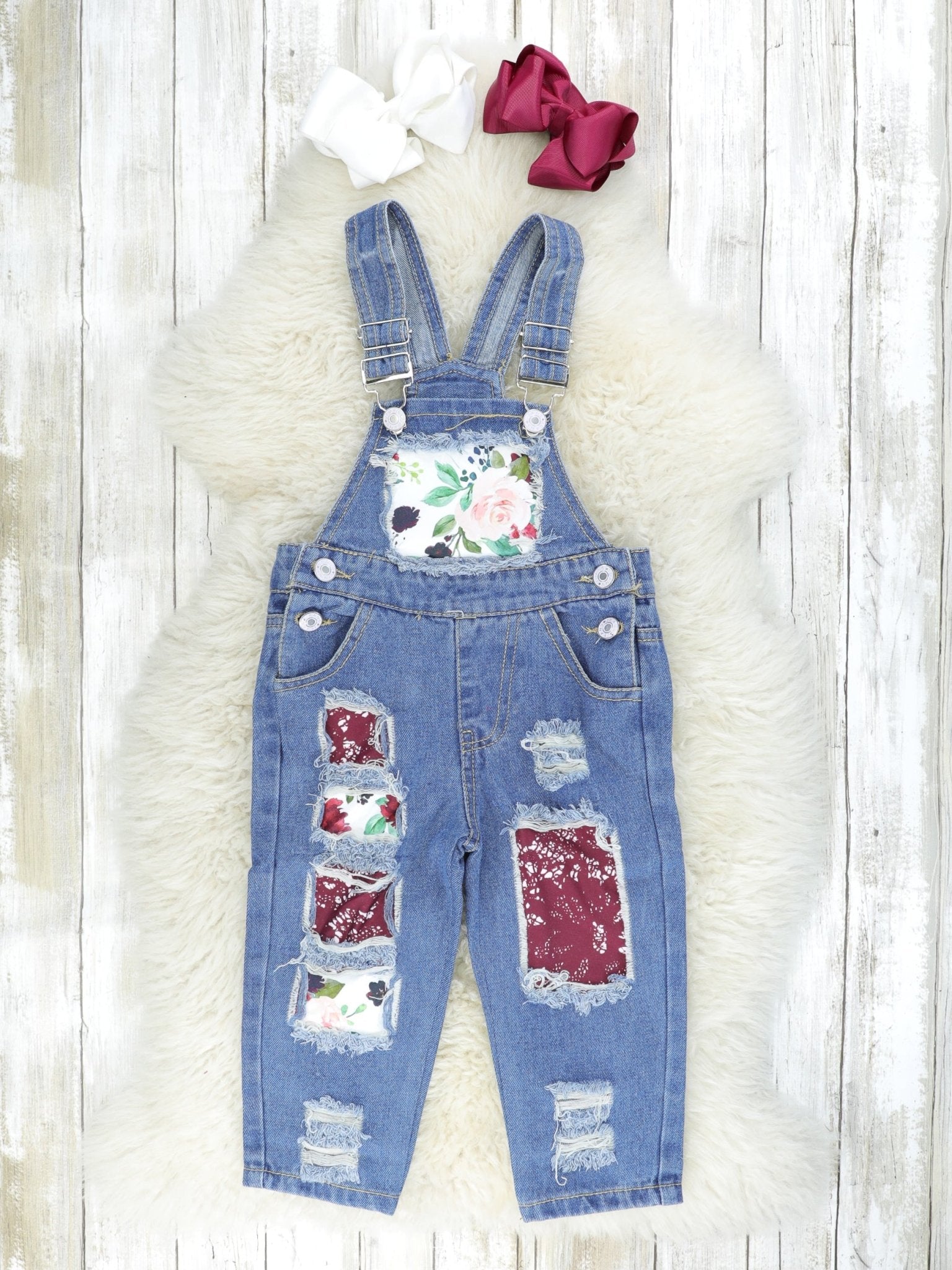 Maroon Polka Dot Ruffle Top & Distressed Denim Overall Outfit - Marie Nicole Clothing
