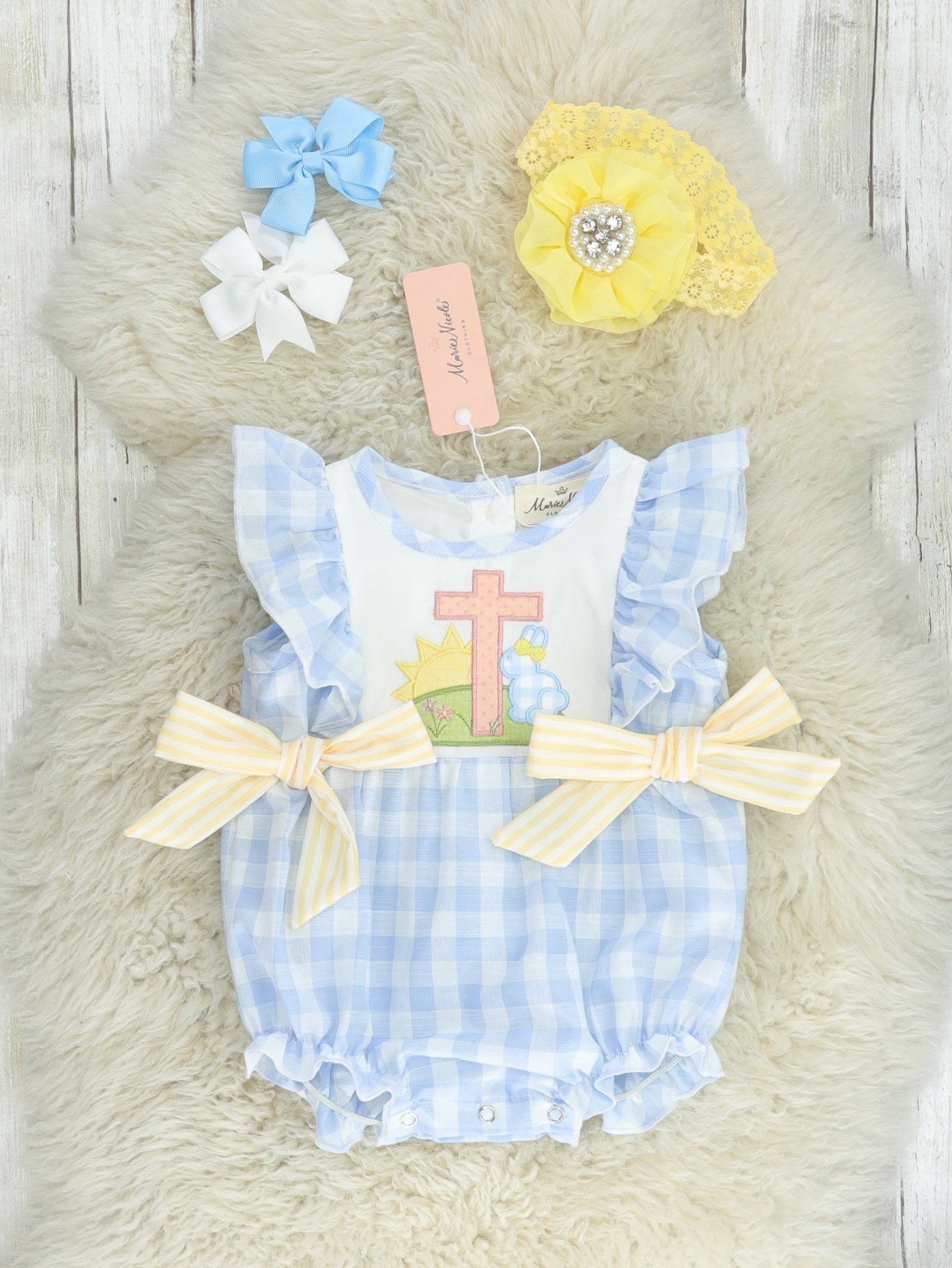 Light Blue Gingham Cross Flutter Sleeve Bubble Romper - Marie Nicole Clothing