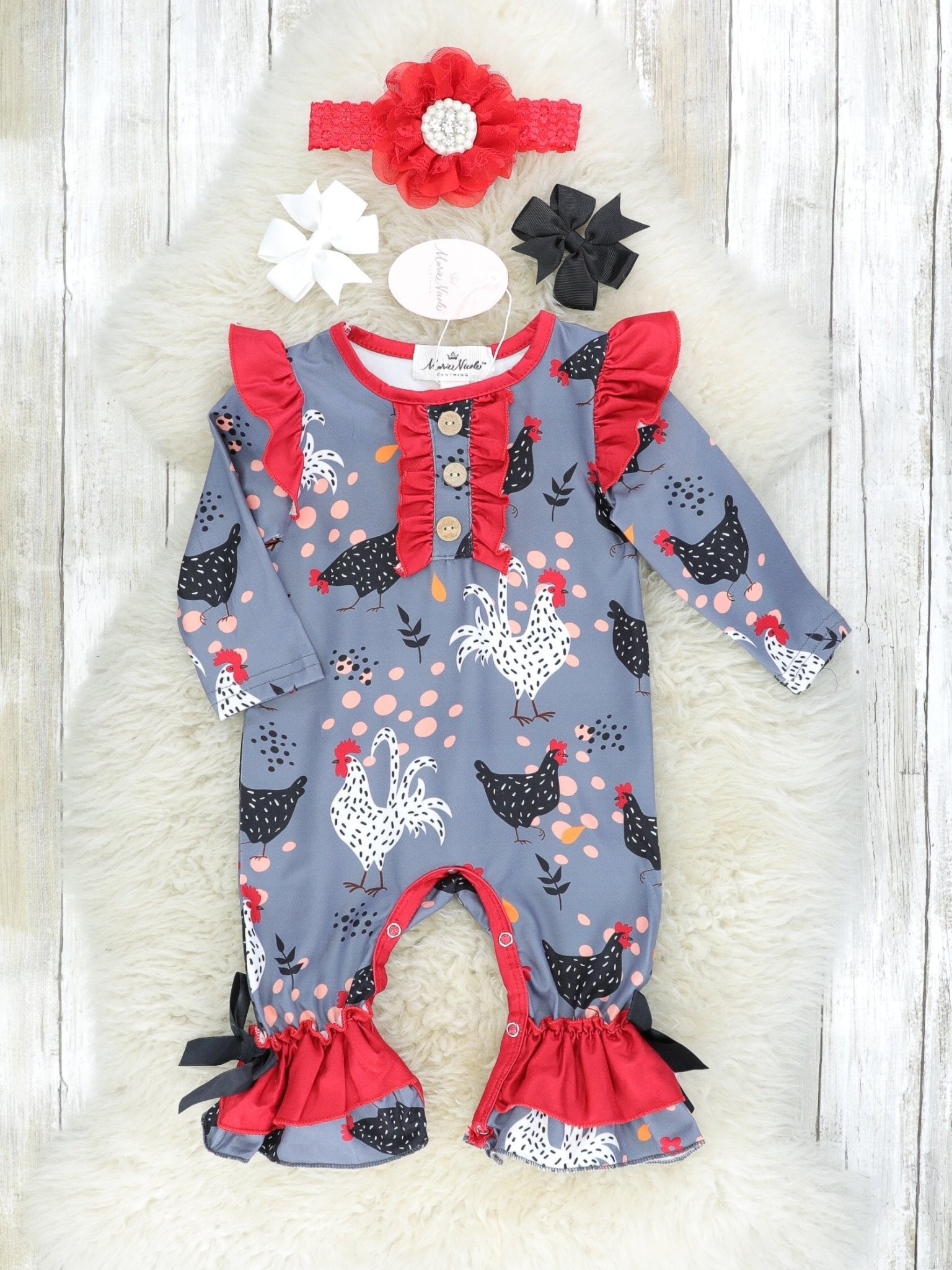 Red Spotted Chicken Ruffle Romper - Marie Nicole Clothing