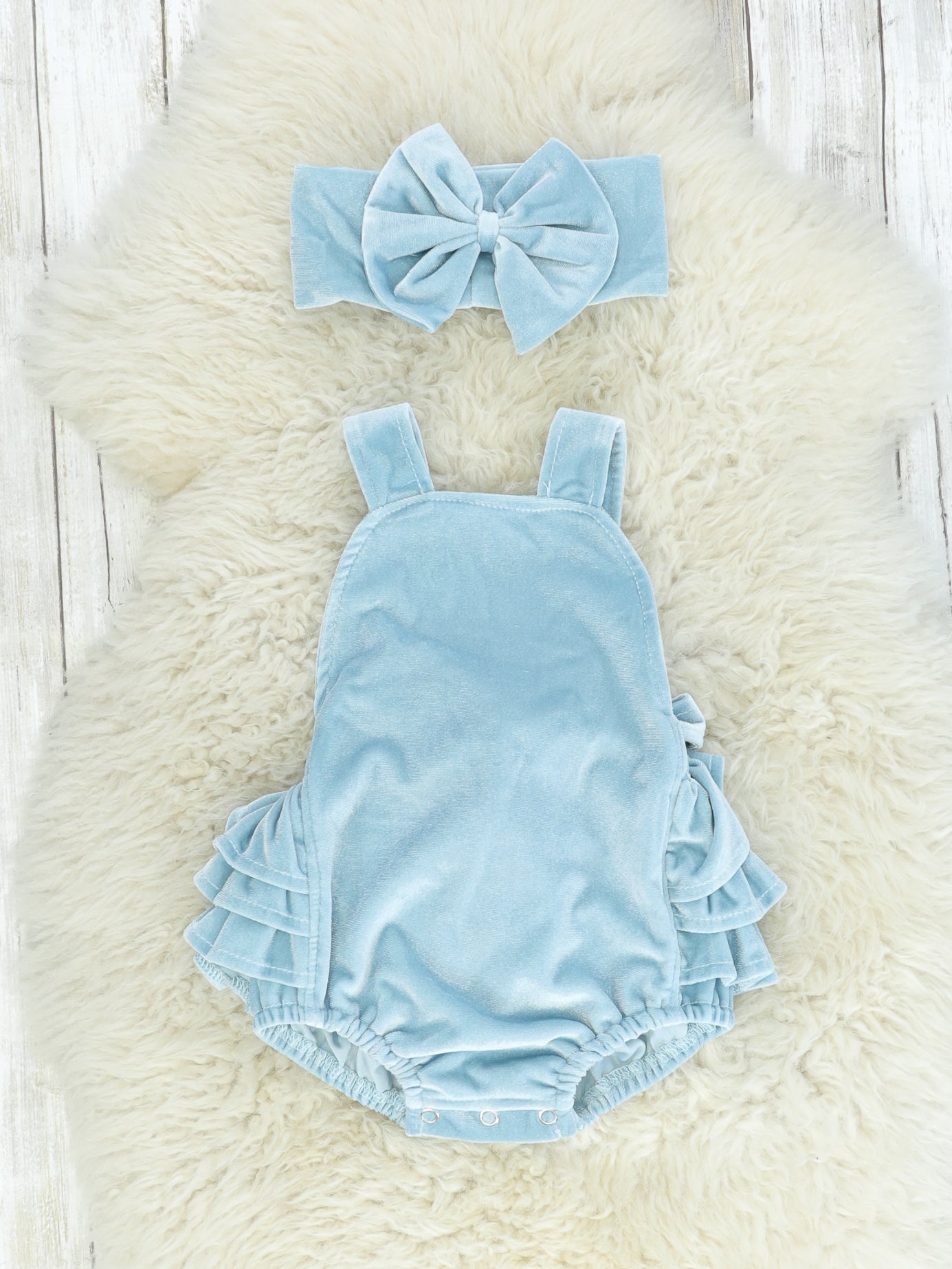 Blue Velvet Ruffle Bubble With Headband - Marie Nicole Clothing