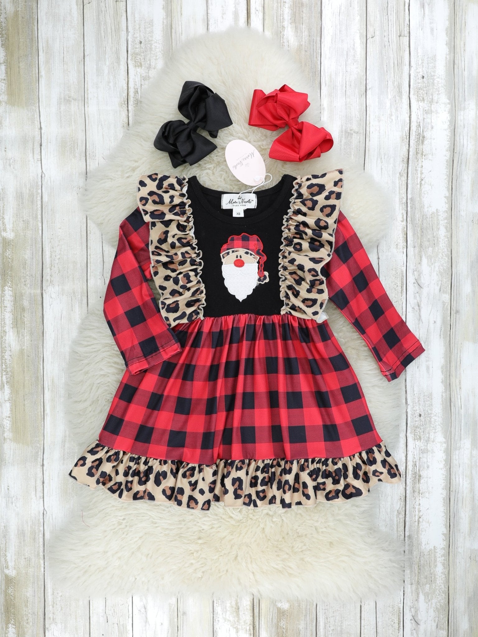 Leopard Buffalo Plaid Santa Ruffle Dress - Marie Nicole Clothing