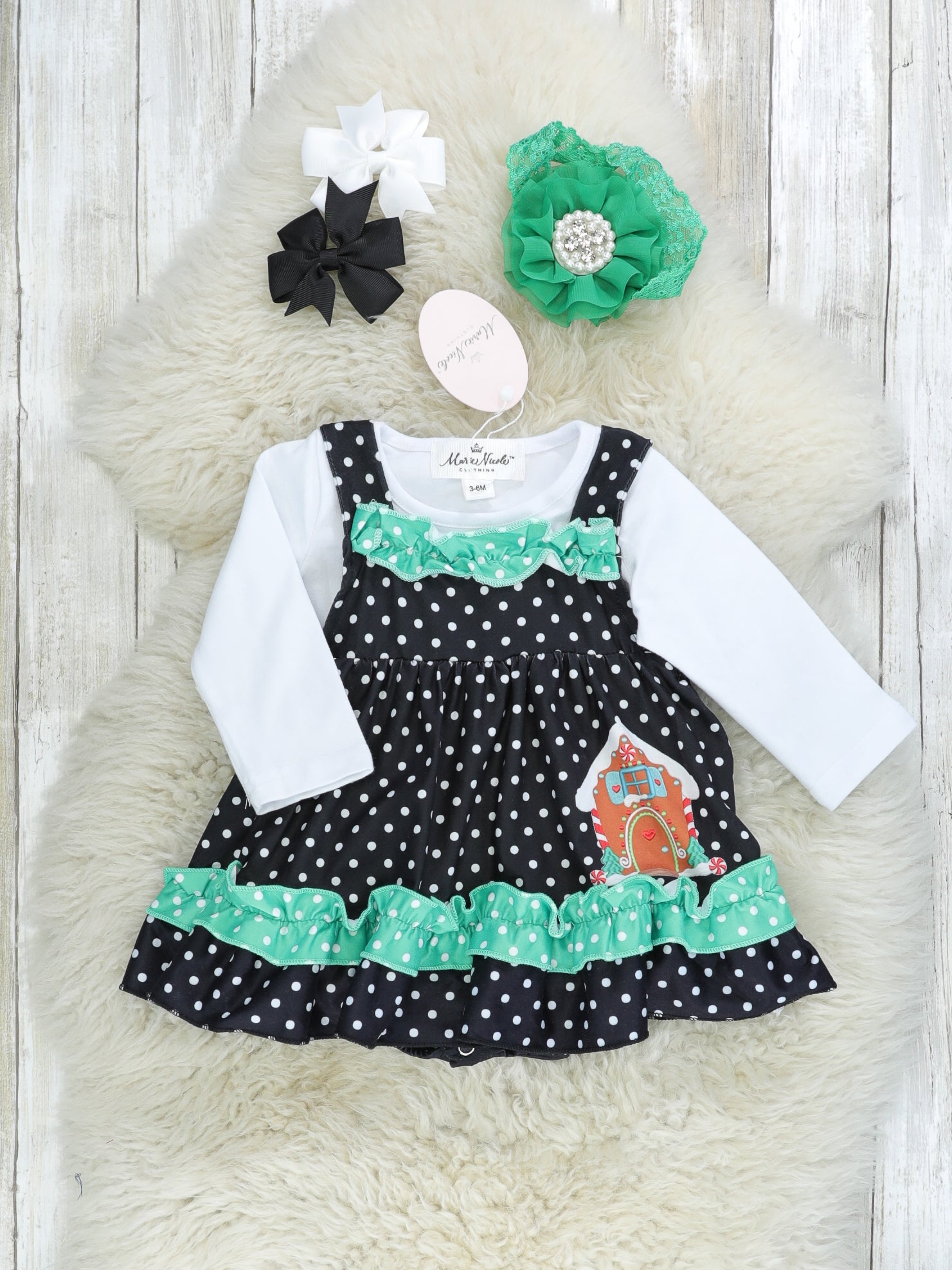 Black Polka Dot Gingerbread Romper W/ White Shirt - Marie Nicole Clothing