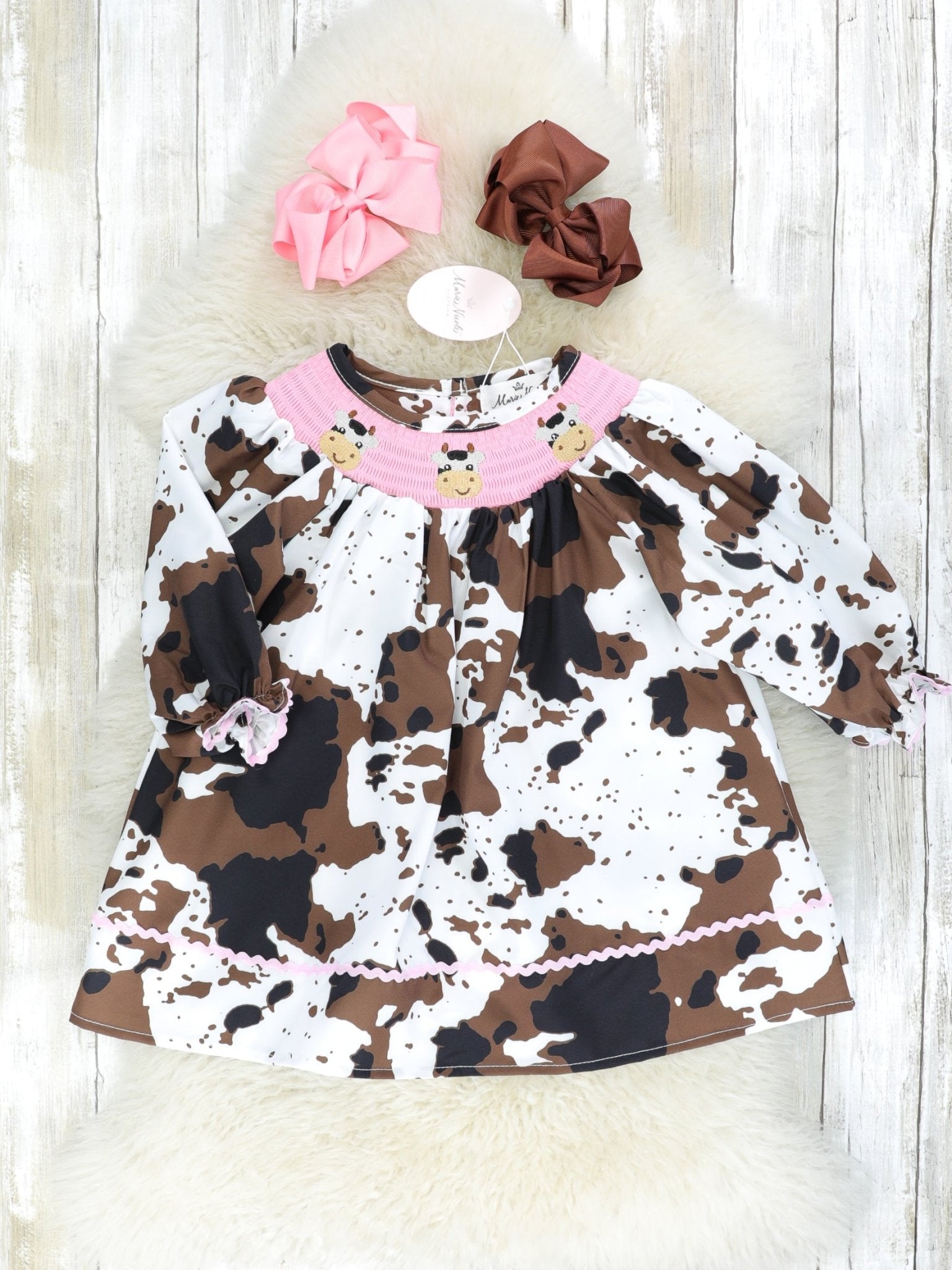 Pink Smocked Cow Print Dress - Marie Nicole Clothing