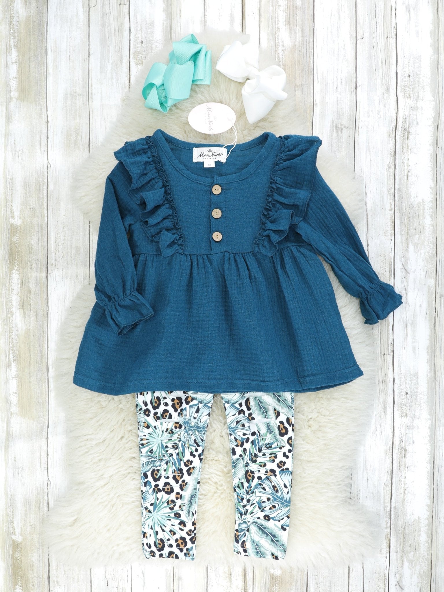 Dark Teal Ruffle Tunic & Leopard Print Bottoms Outfit - Marie Nicole Clothing