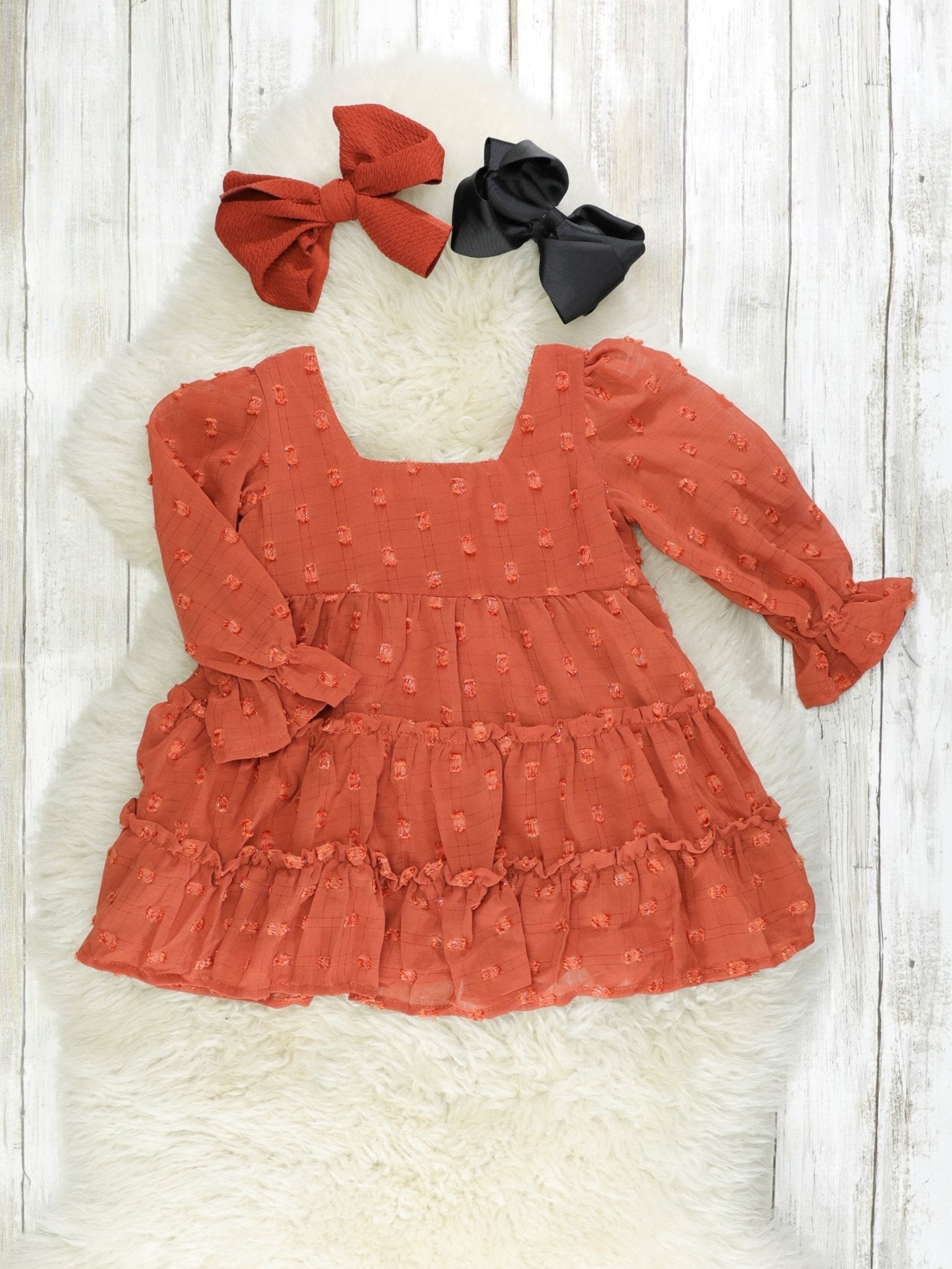 Pumpkin Spice Swiss Dot Tiered Dress - Marie Nicole Clothing