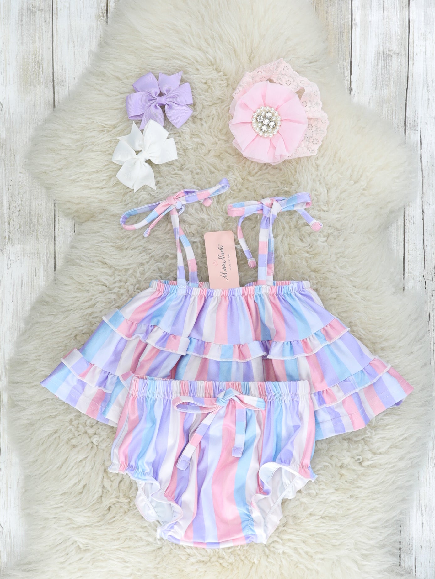 Mauve & Lavender Striped Tiered Tie Top & Bloomers Outfit - Marie Nicole Clothing