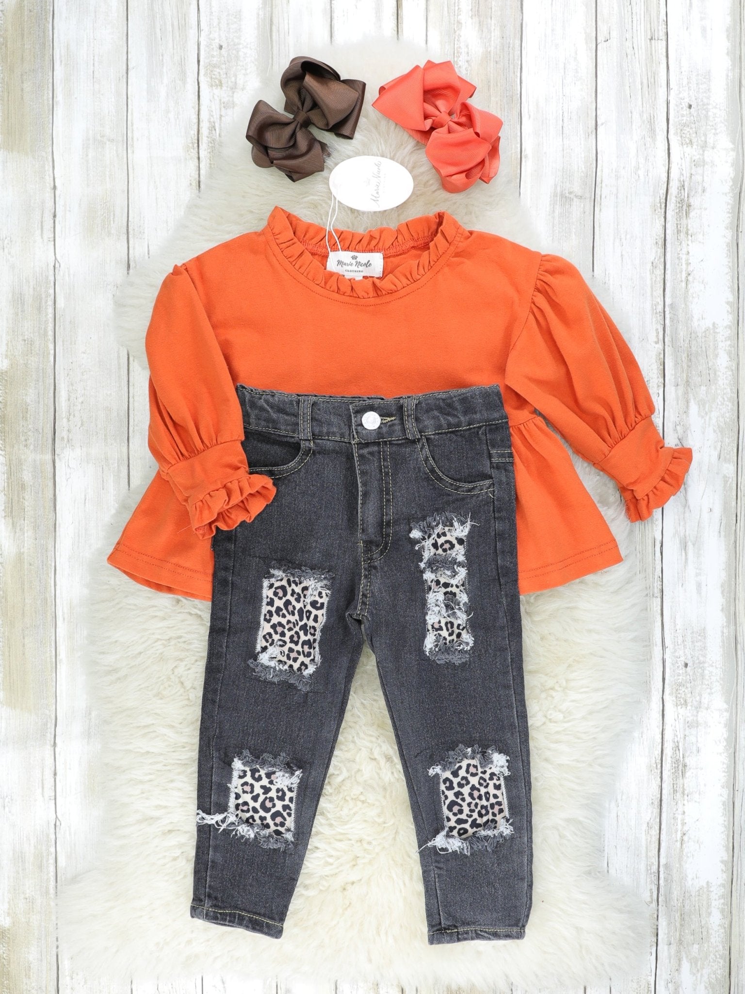 Orange Ruffle Peplum Top & Distressed Leopard Denim Outfit - Marie Nicole Clothing