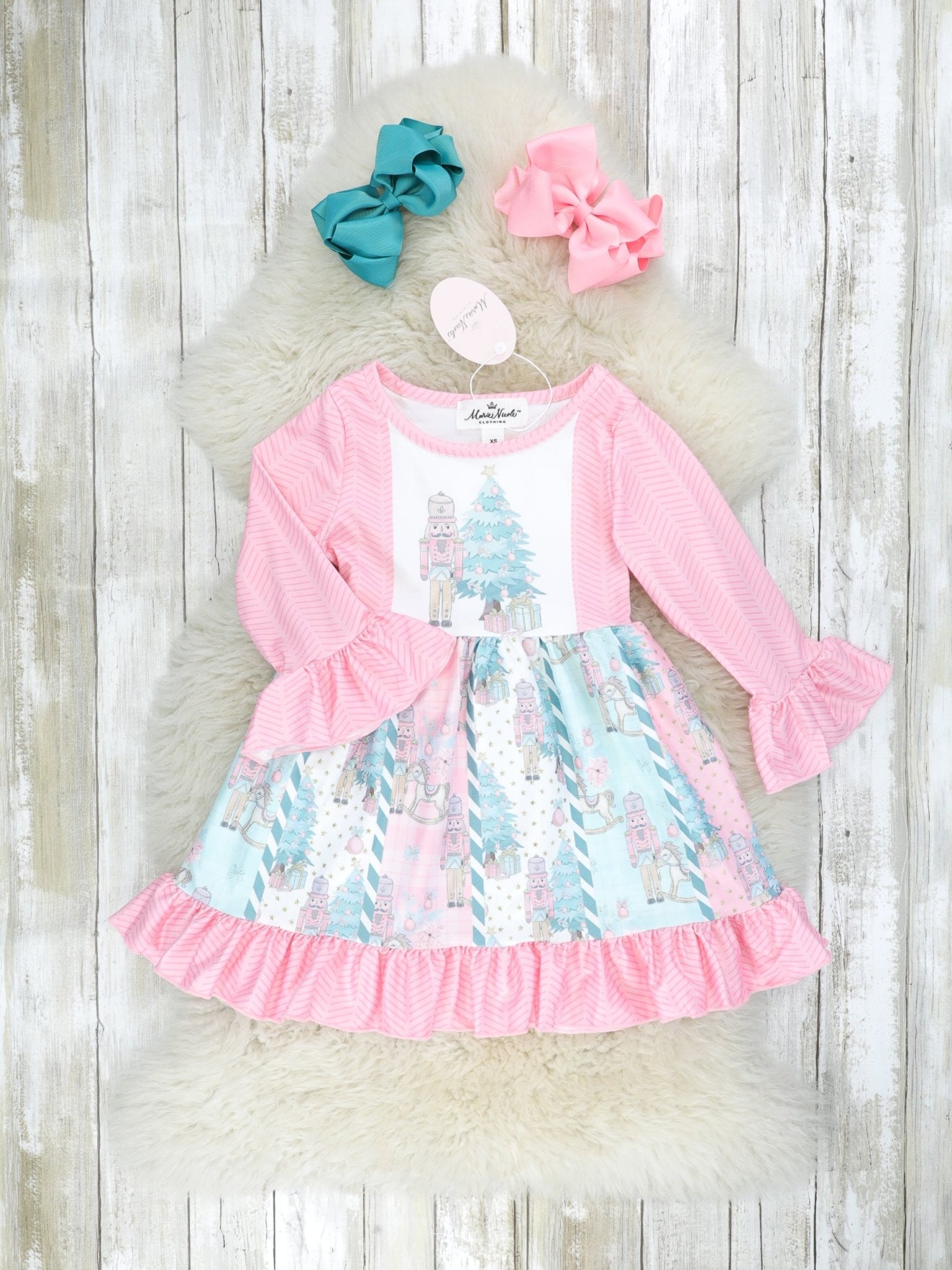 Pink & Blue Christmas Tree Ruffle Dress - Marie Nicole Clothing