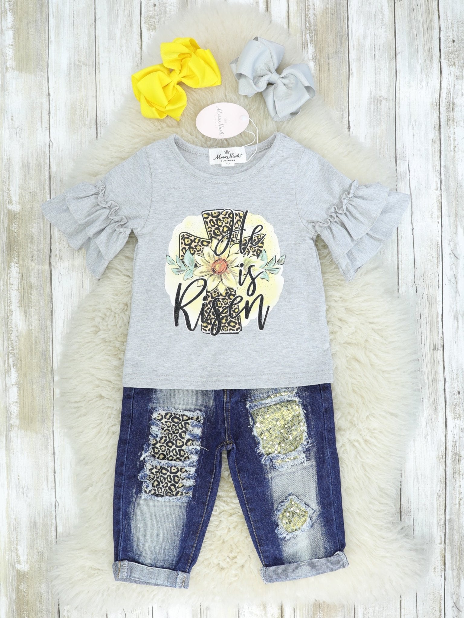 "He Is Risen" Ruffle Top & Distressed Denim Outfit - Marie Nicole Clothing
