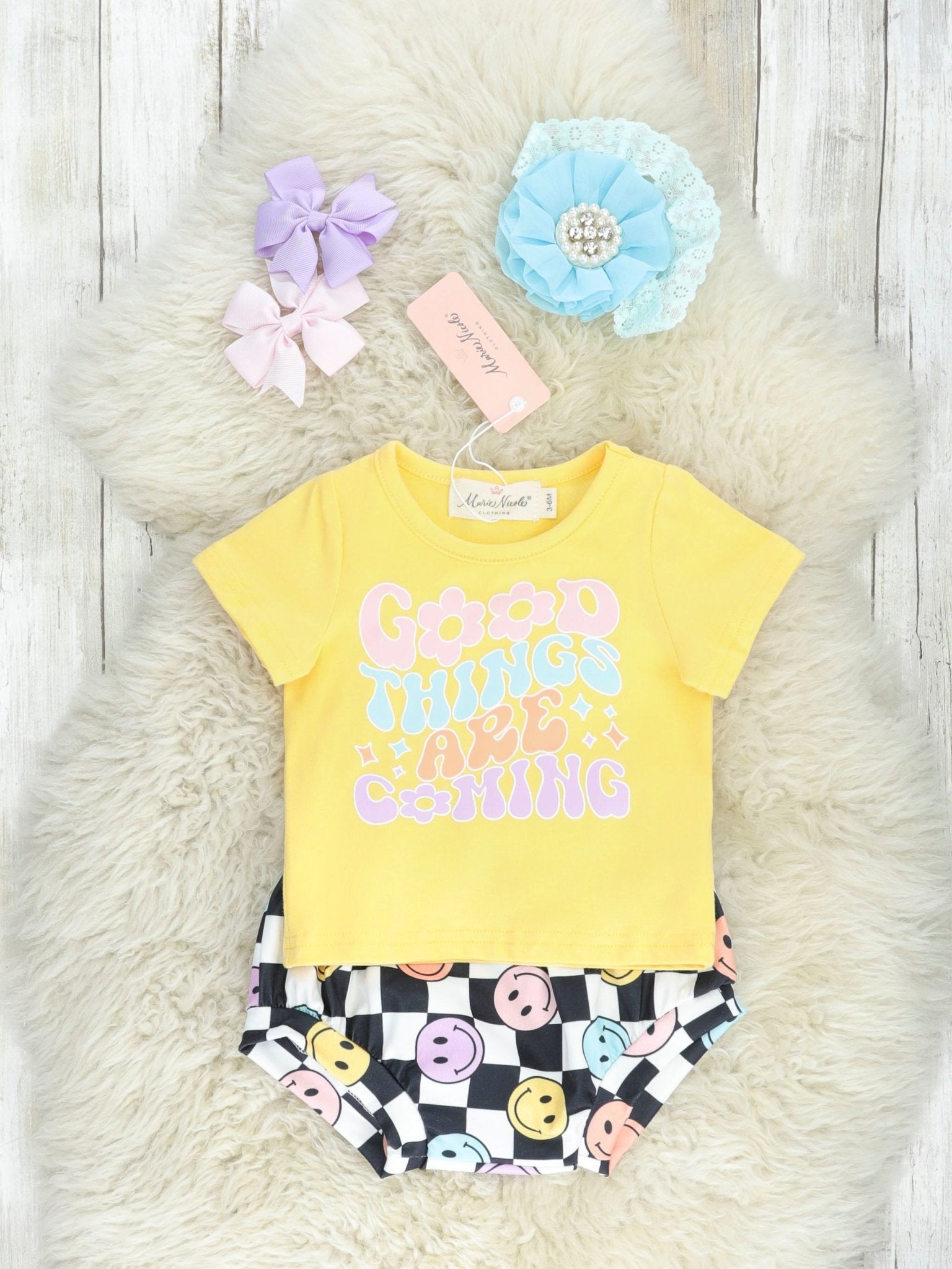 "Good Things" Smiley Check Bloomers Outfit - Marie Nicole Clothing