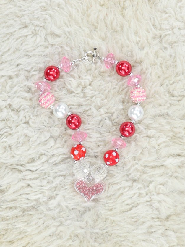 Red & Pink Crystal Heart Bubblegum Necklace - Marie Nicole Clothing