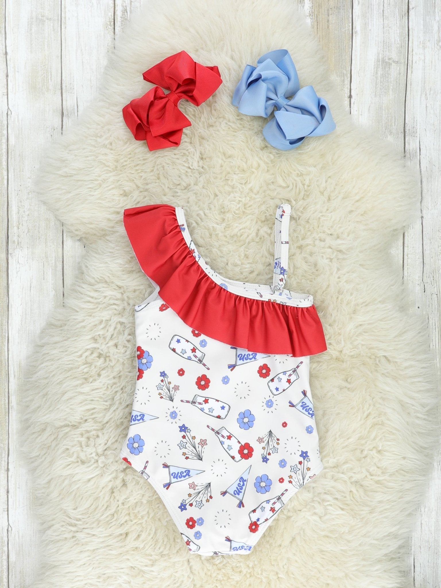 Red, White & Blue Floral Asymmetrical Swimsuit - Marie Nicole Clothing
