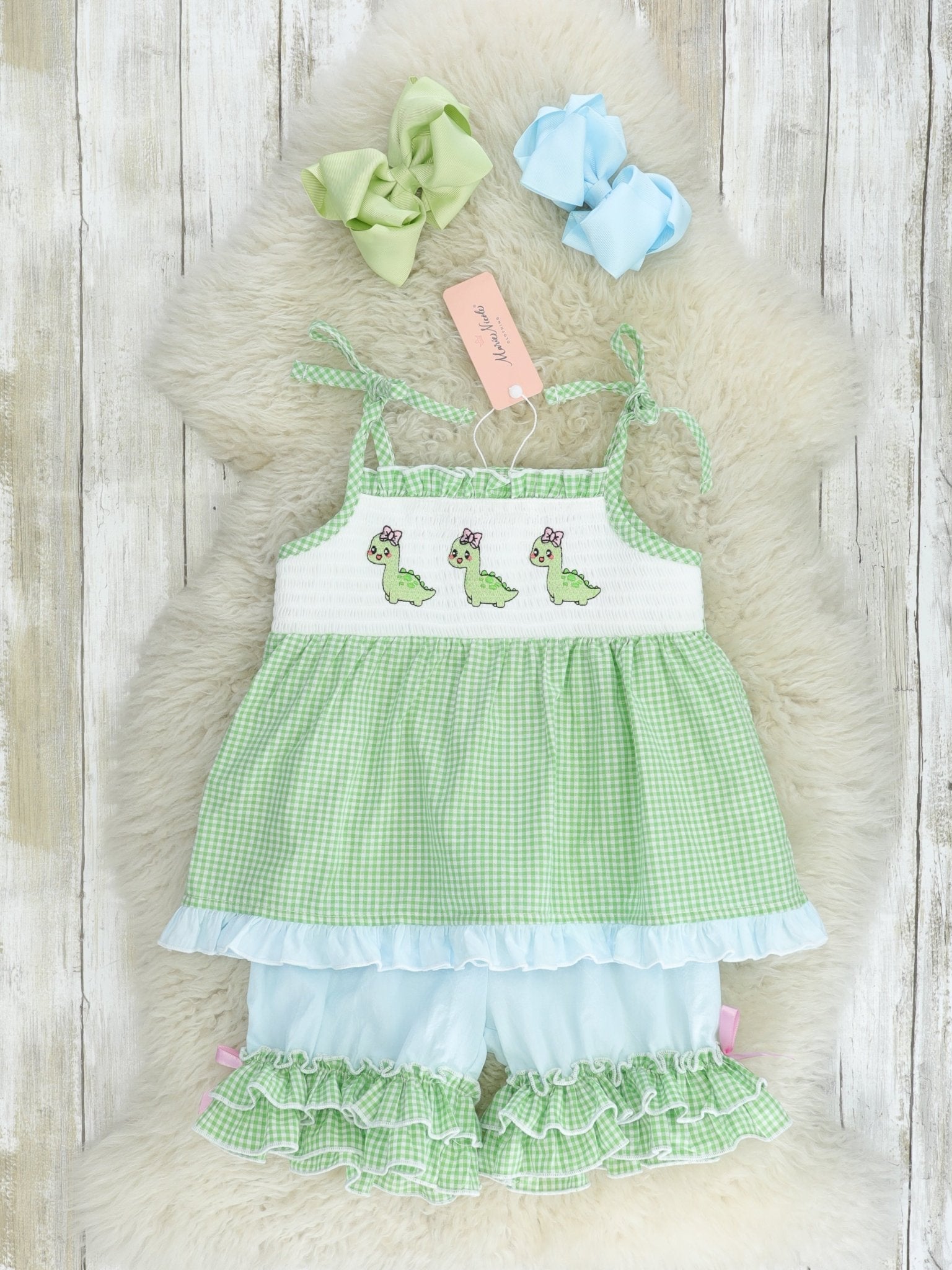 Green Smocked Dinosaur Ruffle Outfit - Marie Nicole Clothing