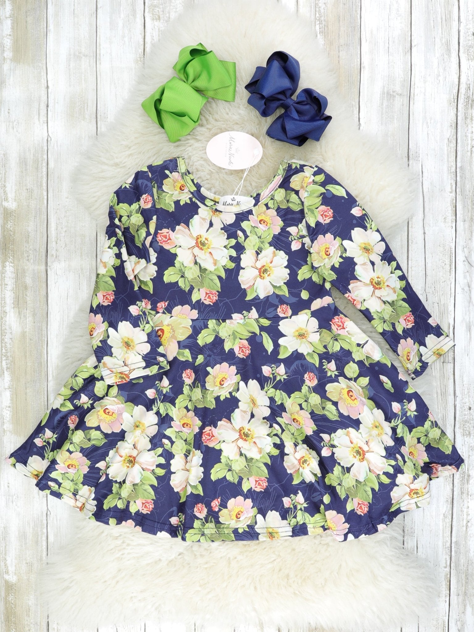 Navy Floral Long Sleeve Swing Dress - Marie Nicole Clothing