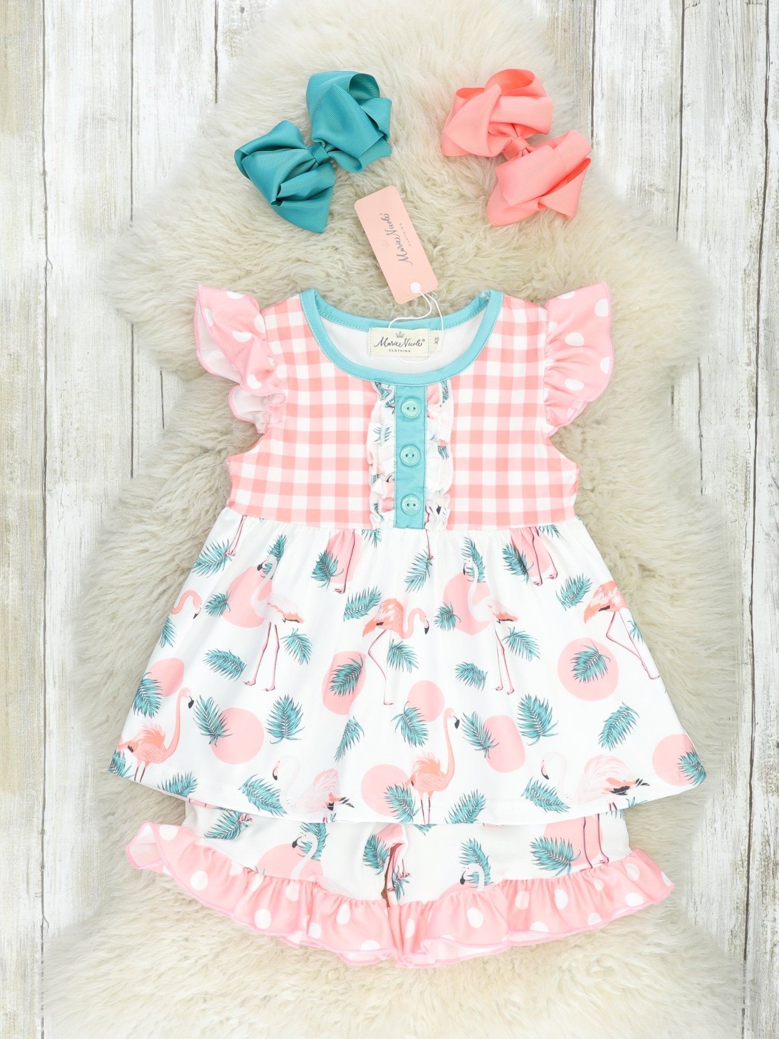 Coral Gingham Flamingo Ruffle Outfit - Marie Nicole Clothing
