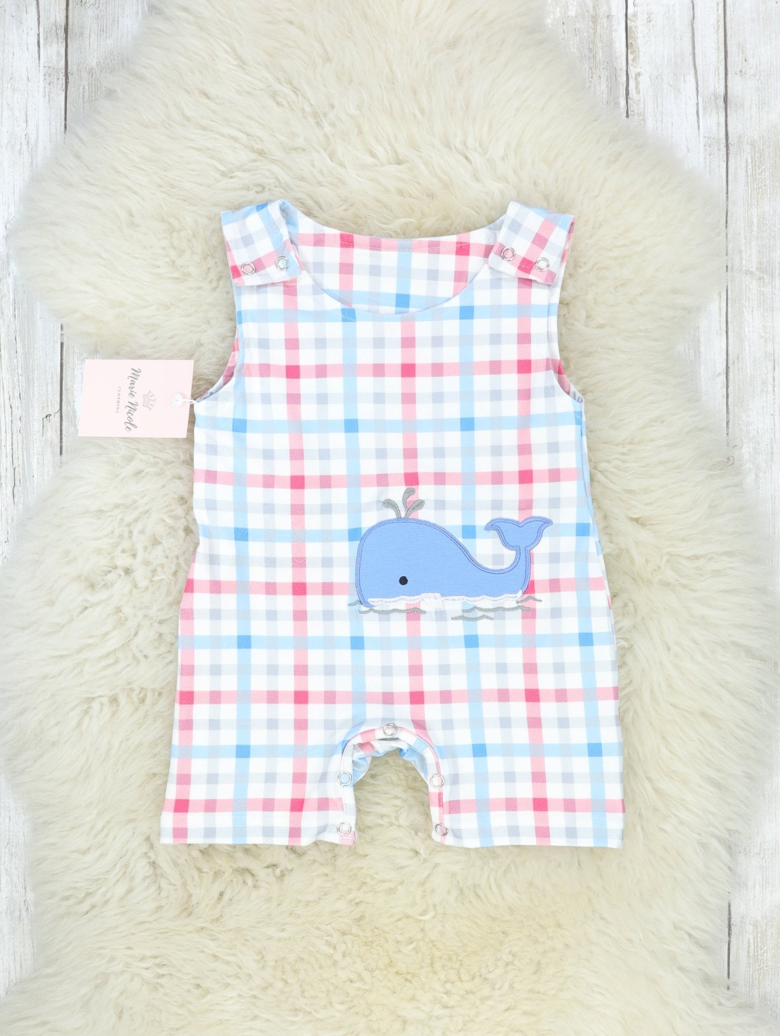 Red & Blue Plaid Whale Romper - Marie Nicole Clothing