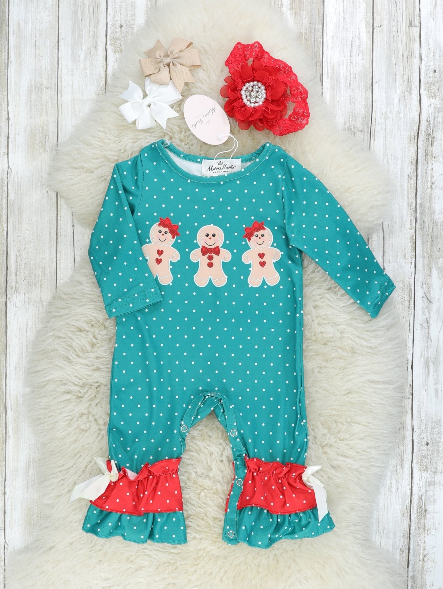 Teal Polka Dot Gingerbread Ruffle Romper - Marie Nicole Clothing