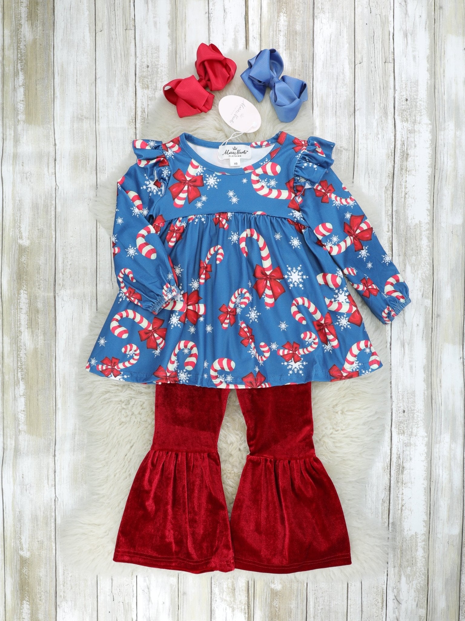 Candycane Peplum Top & Velvet Bell Bottoms Outfit - Marie Nicole Clothing