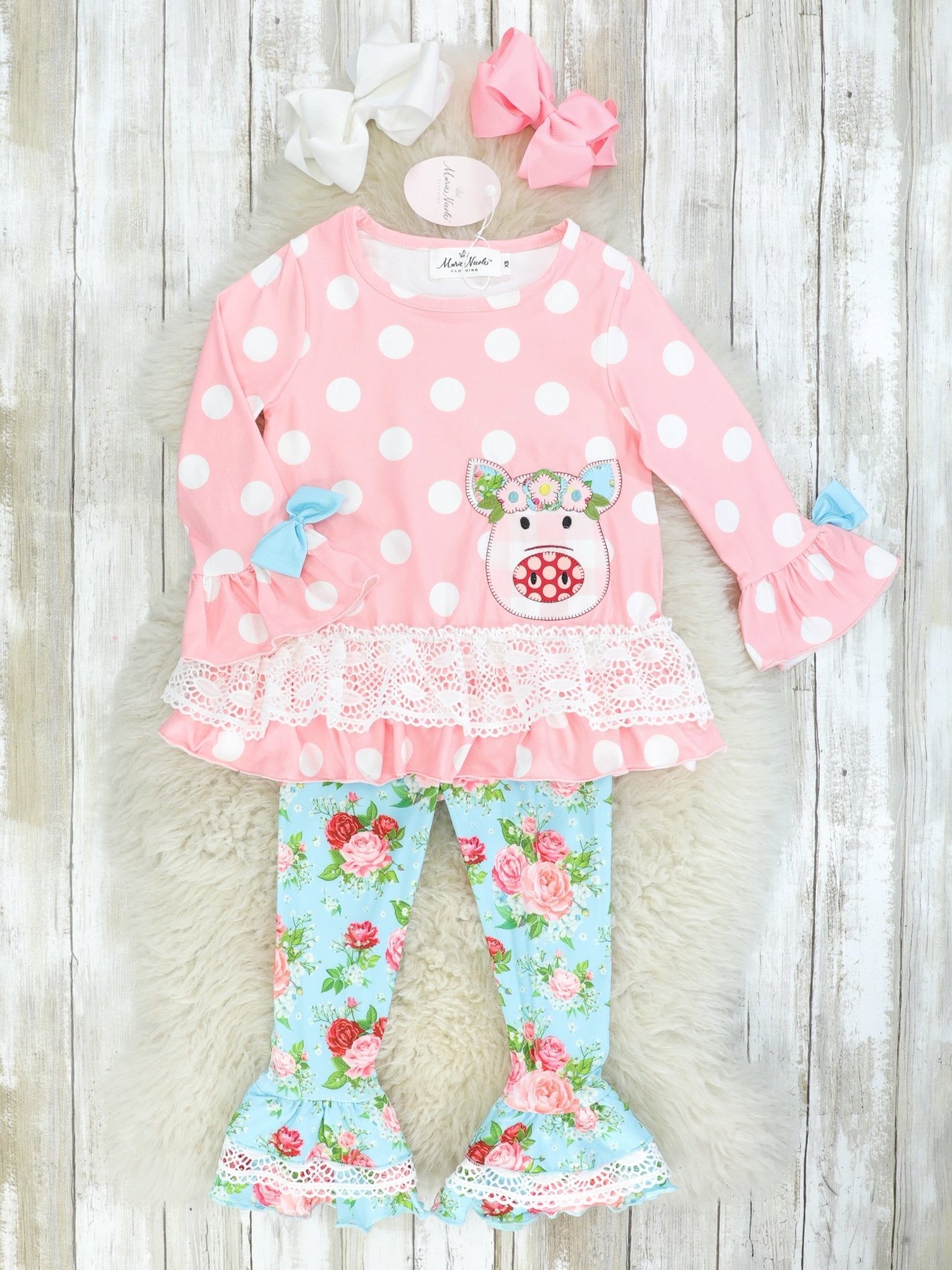 Pink Polka Dot & Floral Piggy Ruffle Outfit - Marie Nicole Clothing