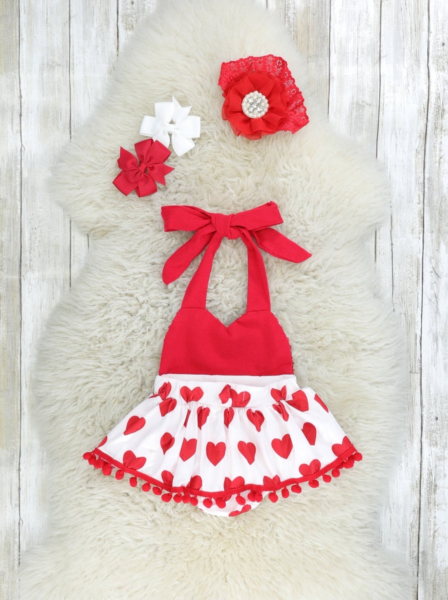 Sparkly Red Heart Tie Dressy Romper - Marie Nicole Clothing