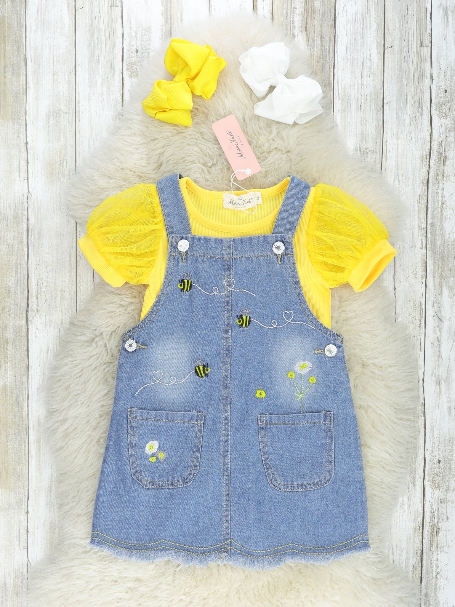 Yellow Tulle Top & Denim Bee Overall Set - Marie Nicole Clothing
