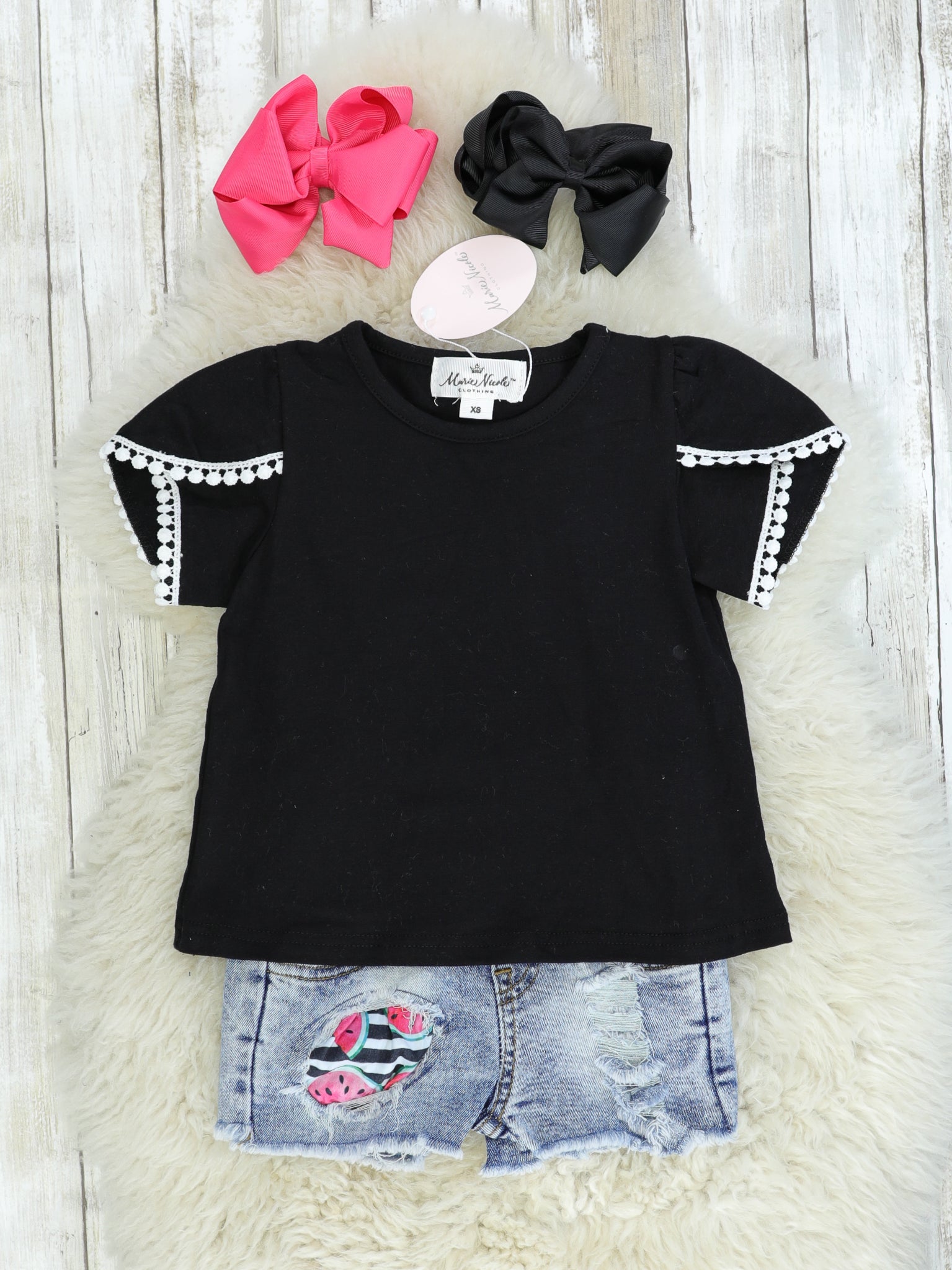 Watermelon Distressed Denim Overalls Set - Marie Nicole Clothing