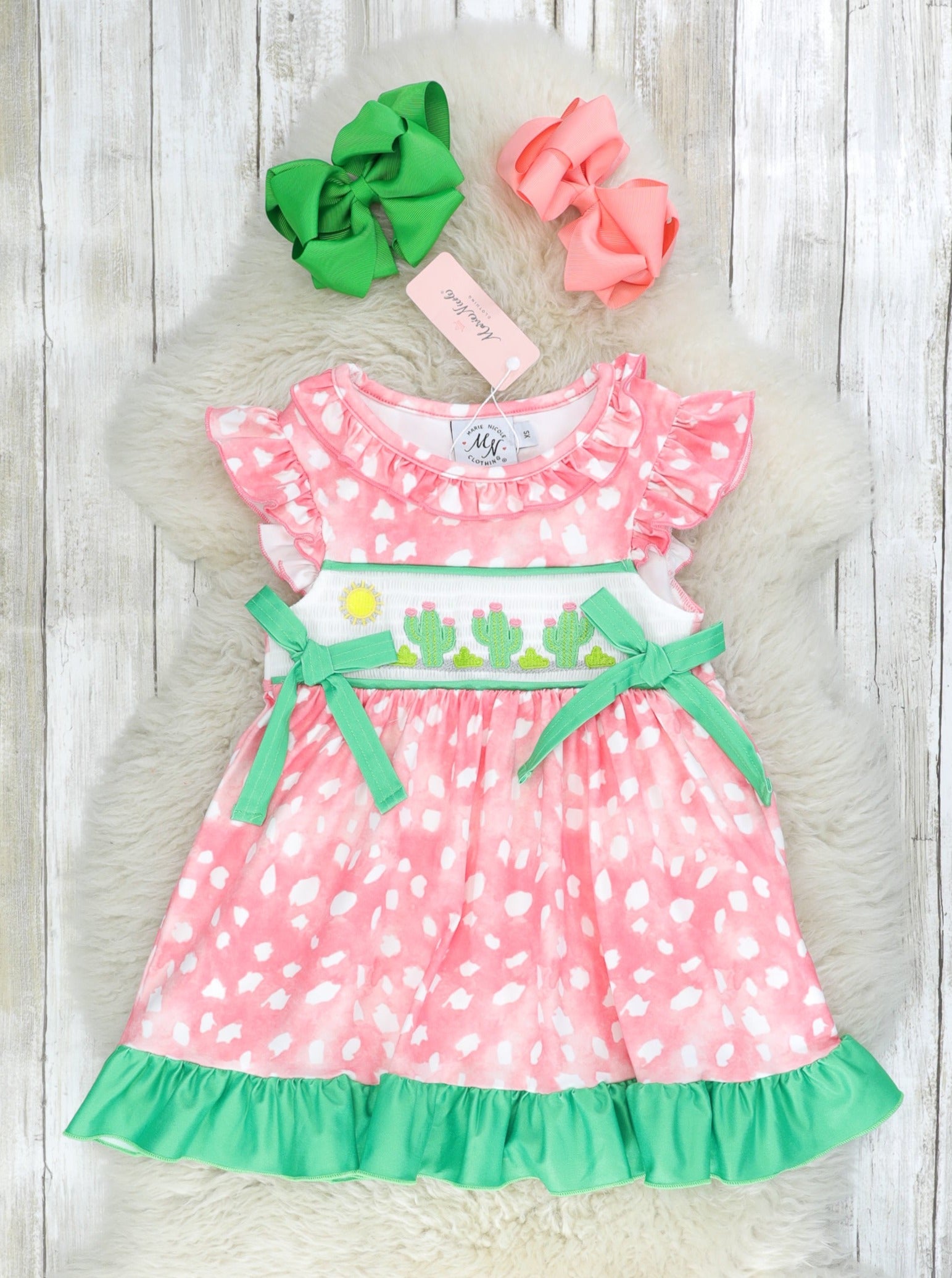 Pink Smocked Cactus Ruffle Dress - Marie Nicole Clothing