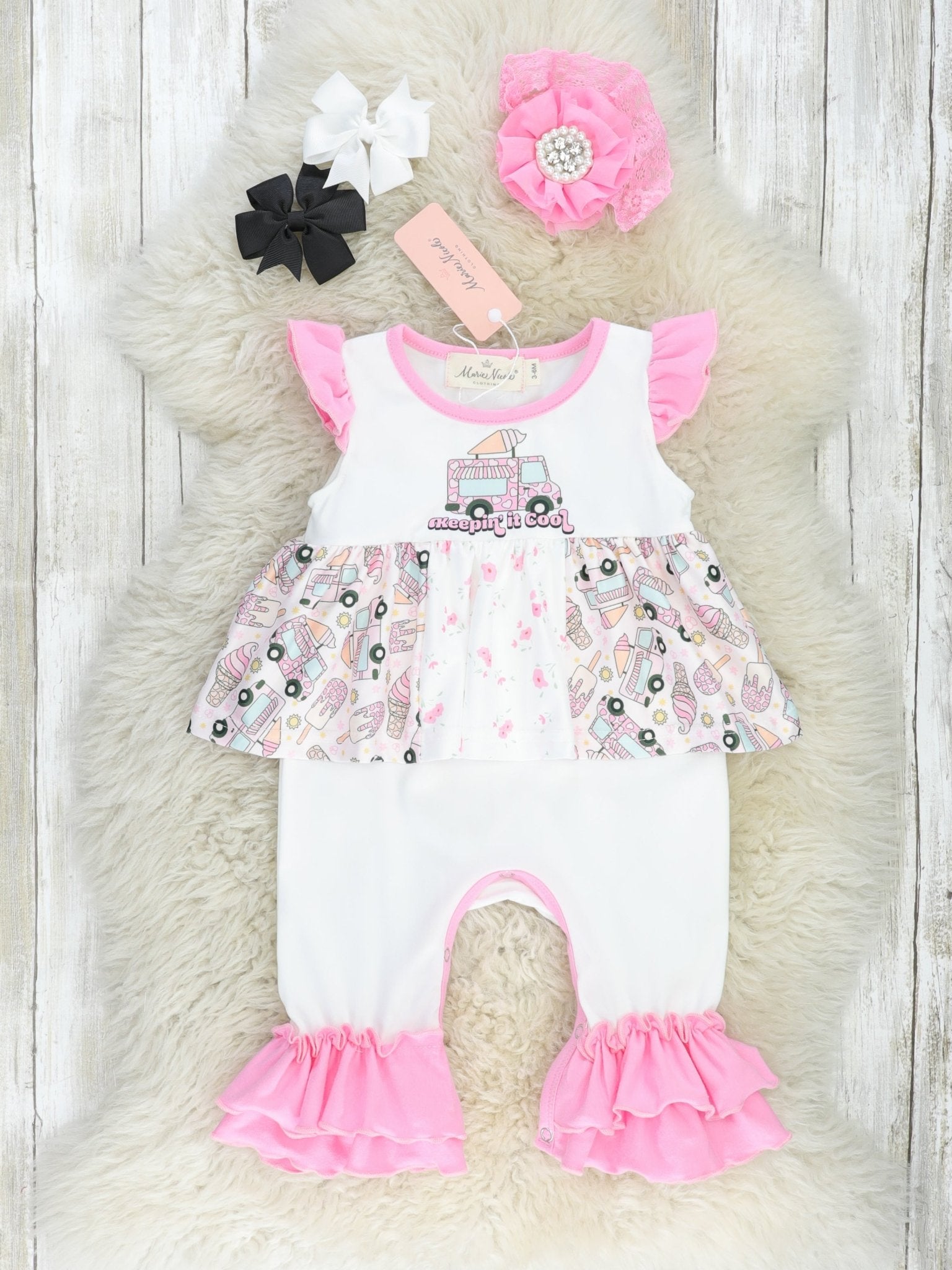 Pink Ice Cream Truck Ruffle Dressy Romper - Marie Nicole Clothing