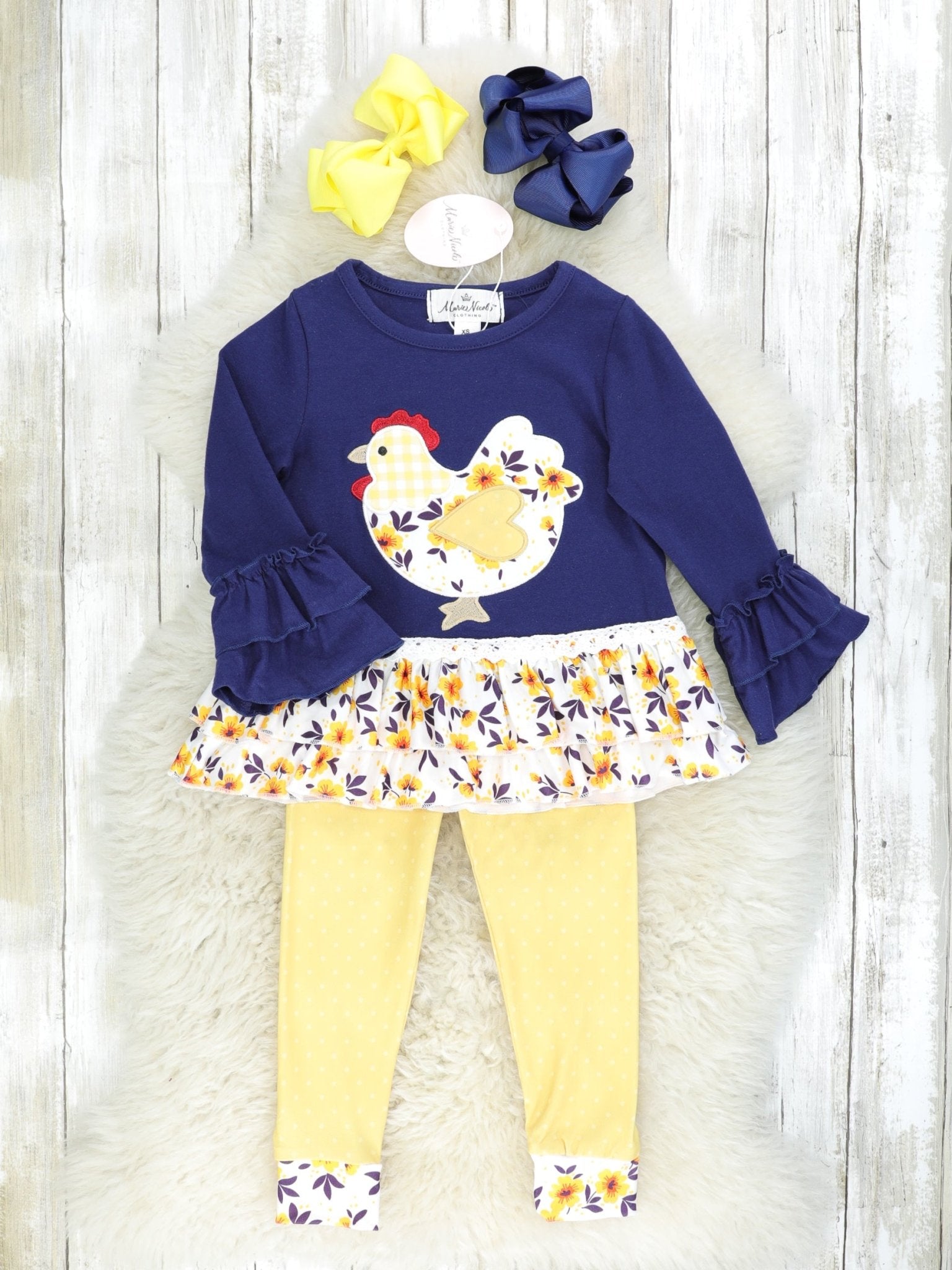 Navy Floral Chicken Ruffle Top & Yellow Bottoms Outfit - Marie Nicole Clothing