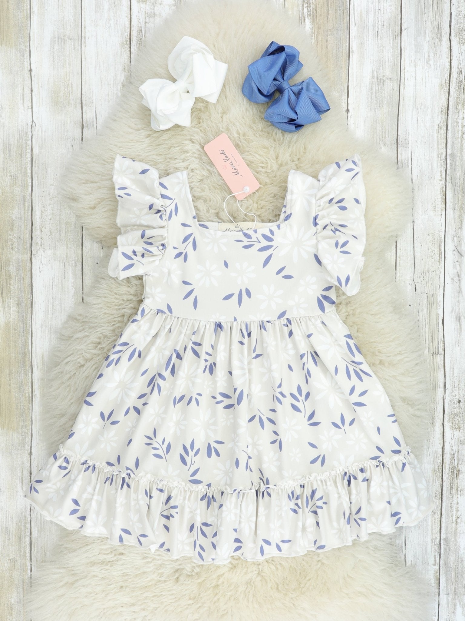 Grey Floral Flutter Sleeve Dress - Marie Nicole Clothing