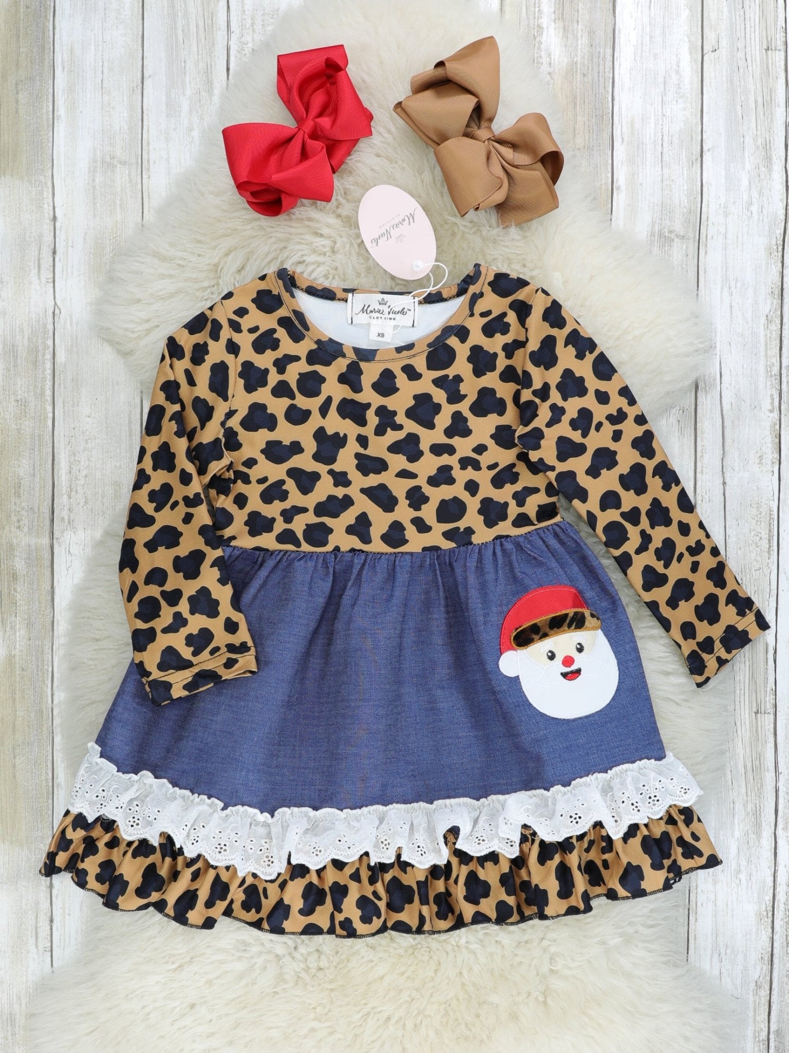 Chambray Leopard Santa Ruffle Dress - Marie Nicole Clothing