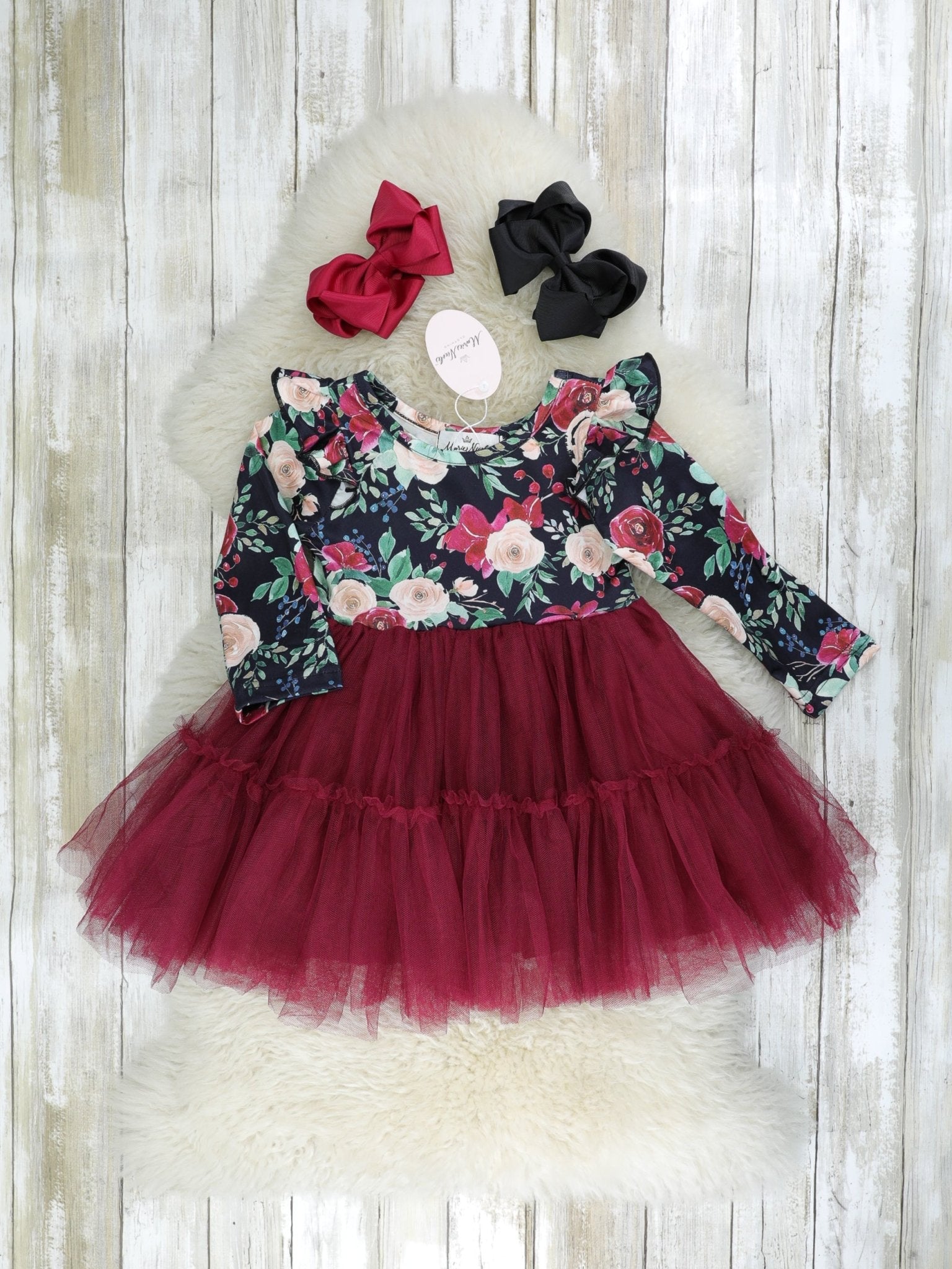 Burgundy Rose Tulle Ruffle Dress - Marie Nicole Clothing
