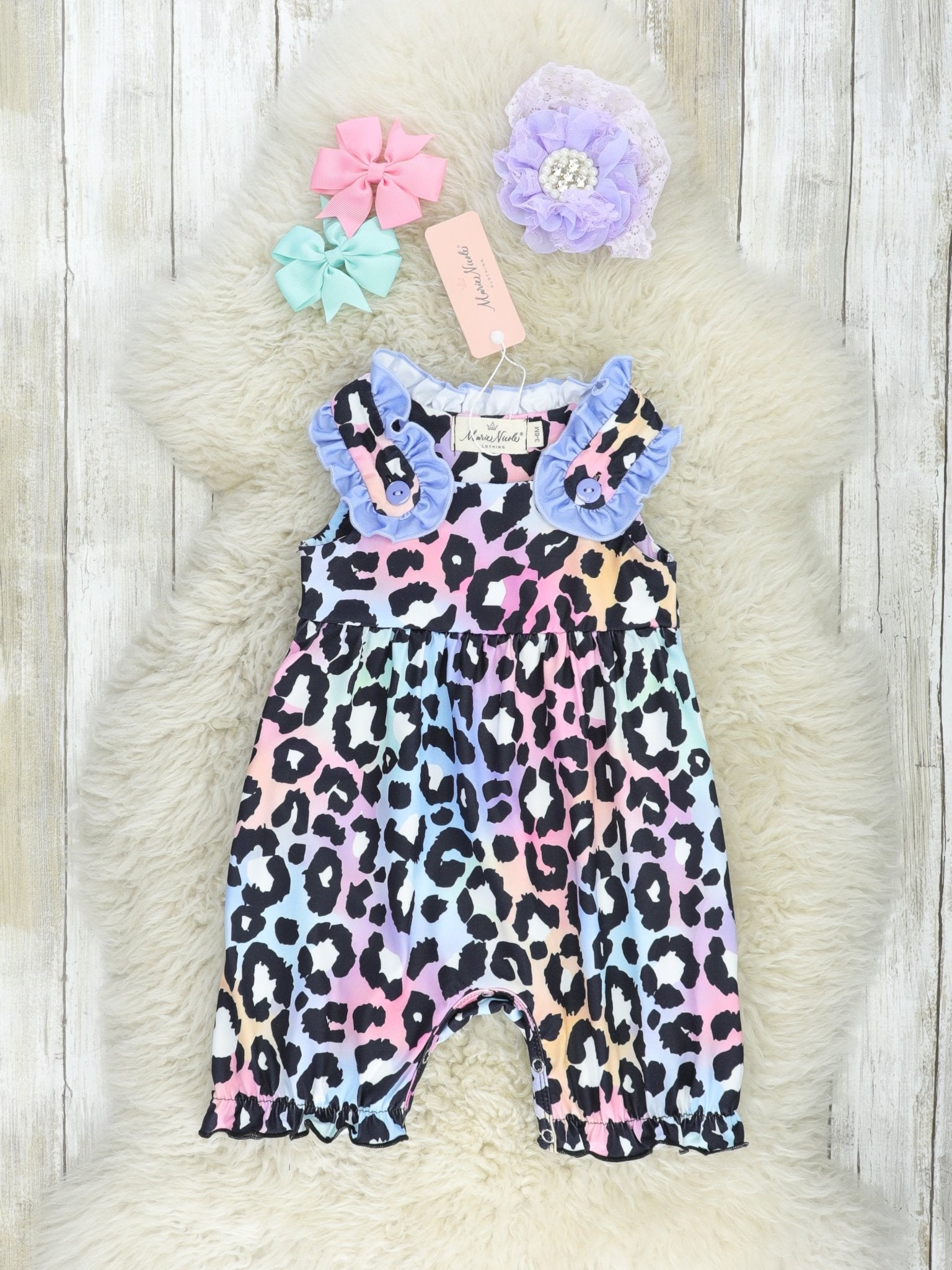 Purple Leopard Rainbow Ruffle Romper - Marie Nicole Clothing