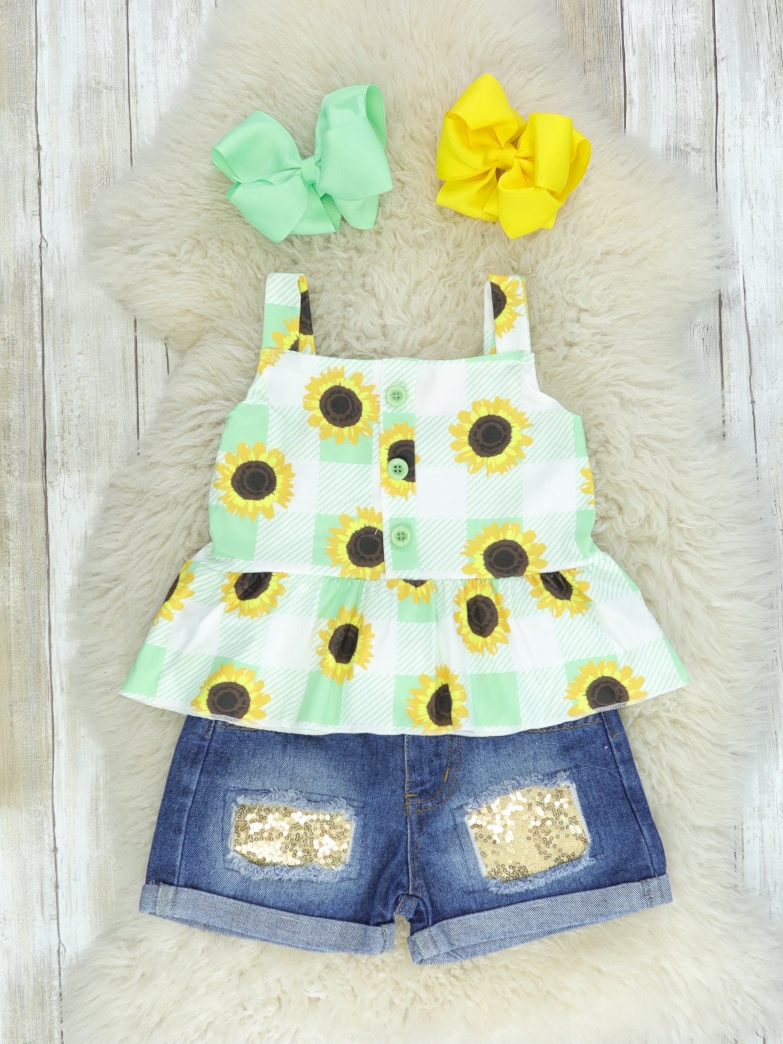 Sunflower Peplum Tank & Sequin Denim Outfit - Marie Nicole Clothing