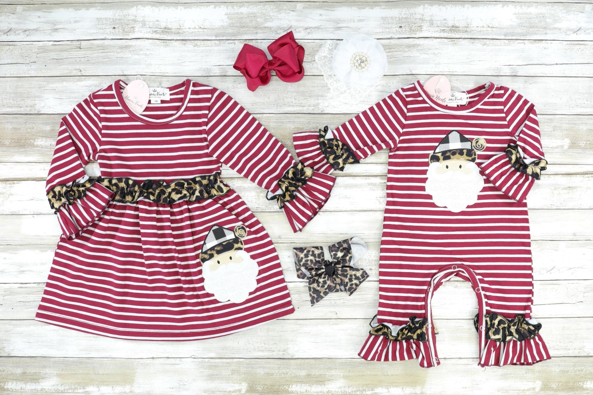 Burgundy Striped Leopard Santa Ruffle Dress - Marie Nicole Clothing