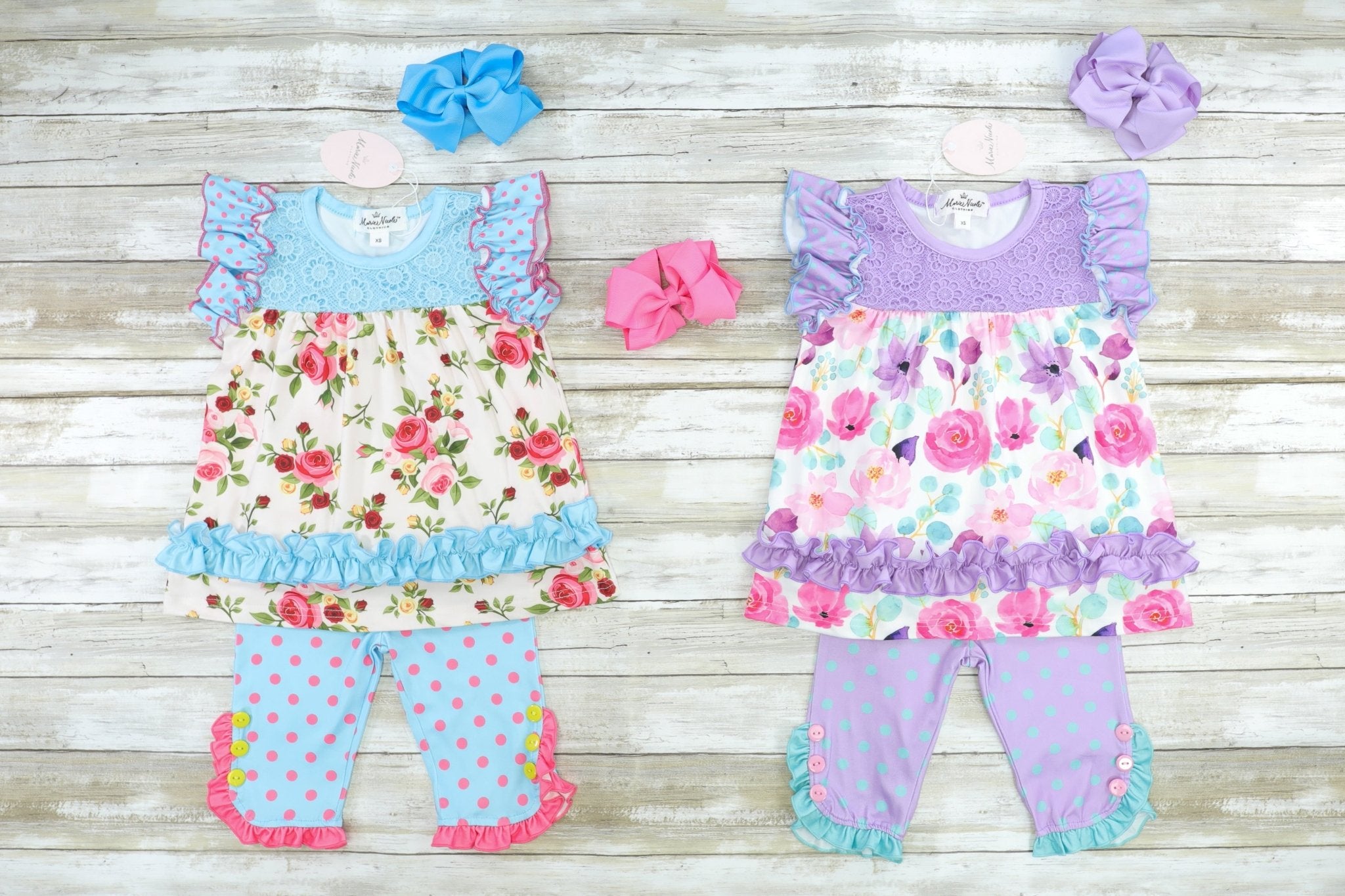 Blue & Pink Polka Dot Floral Ruffle Capris Outfit - Marie Nicole Clothing