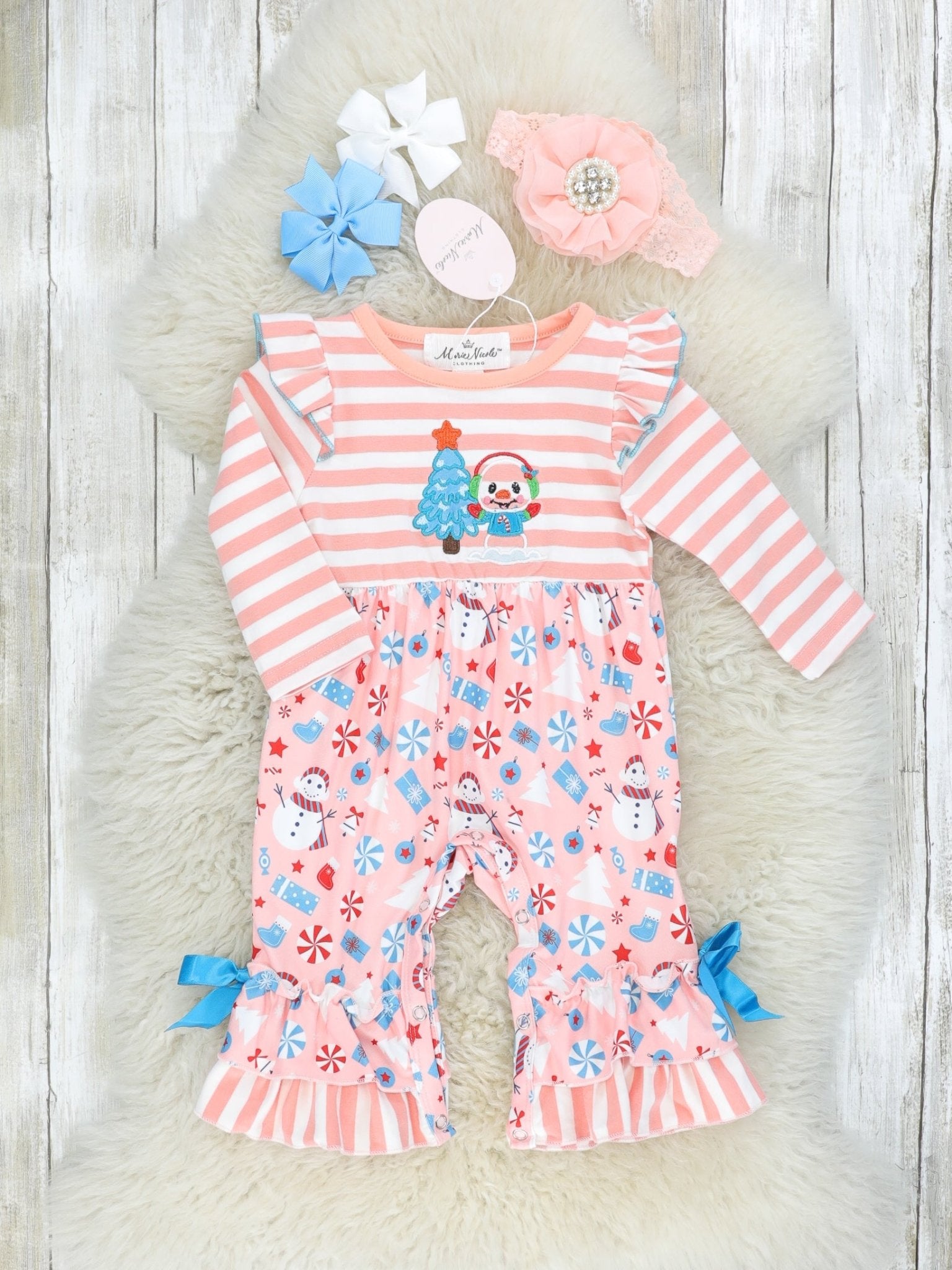 Peach Christmas Ruffle Romper - Marie Nicole Clothing