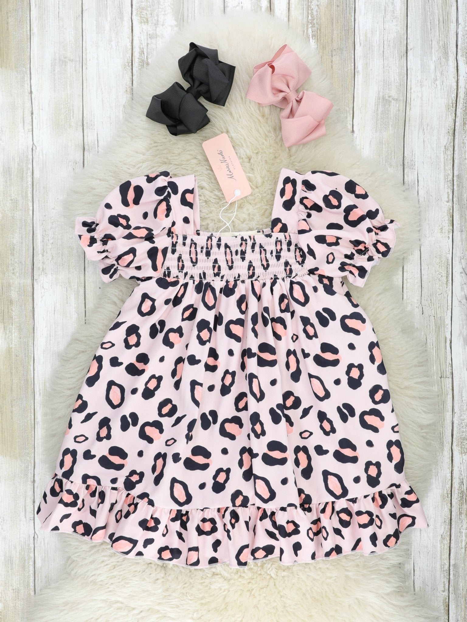 Pink Leopard Puff Sleeve Dress - Marie Nicole Clothing