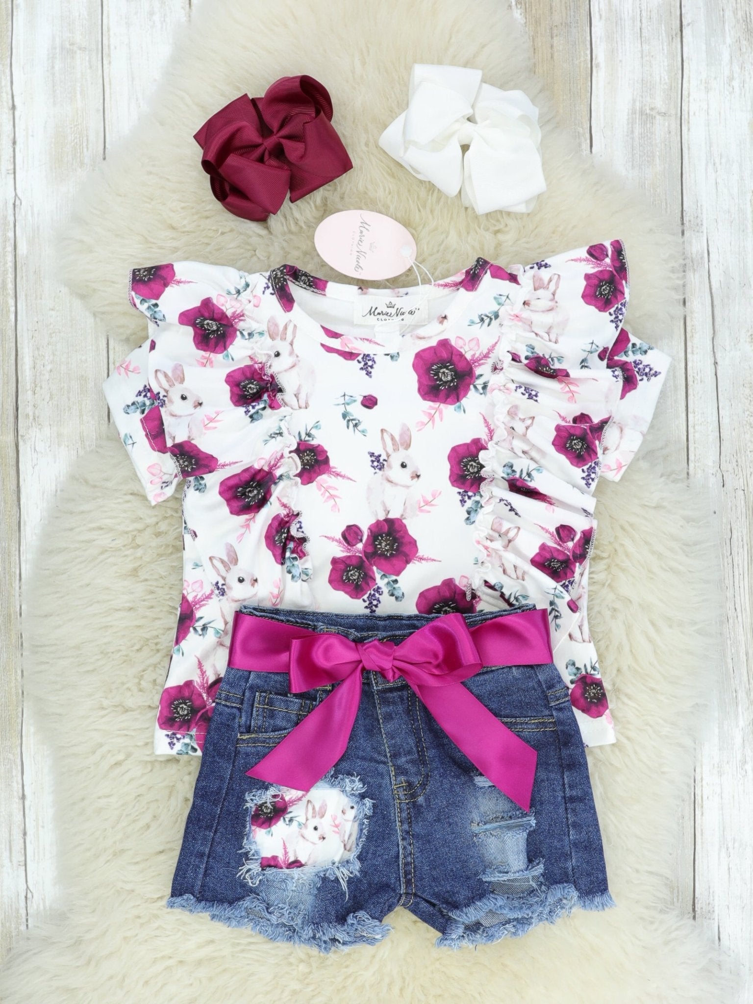 Plum Floral Bunny Ruffle Top & Distressed Denim Shorts - Marie Nicole Clothing