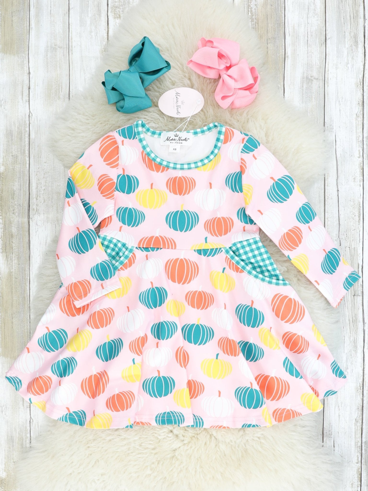 Pink Pumpkin & Green Gingham Swing Dress - Marie Nicole Clothing