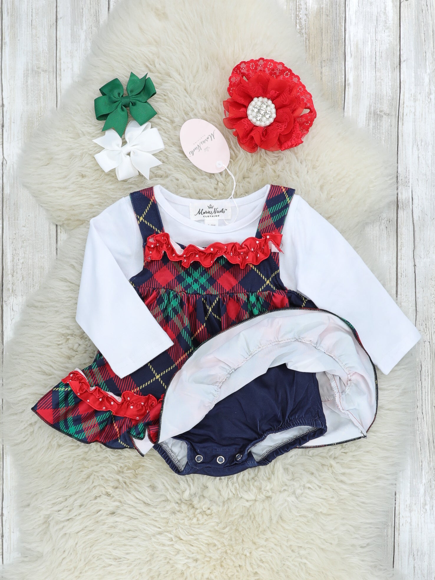 Plaid Snowman Ruffle Romper W/ White Top - Marie Nicole Clothing