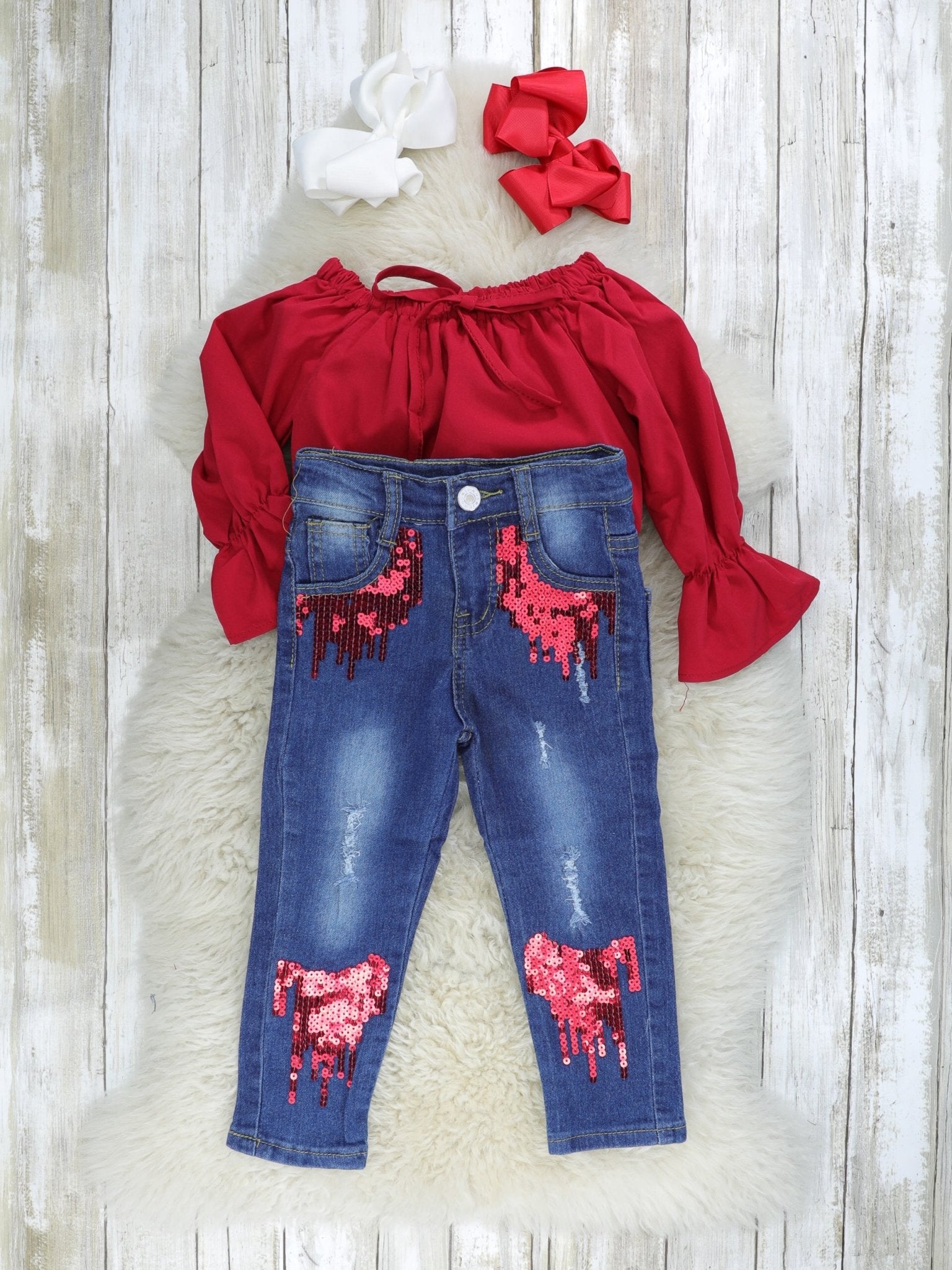 Crimson Denim Sequin Outfit - Marie Nicole Clothing
