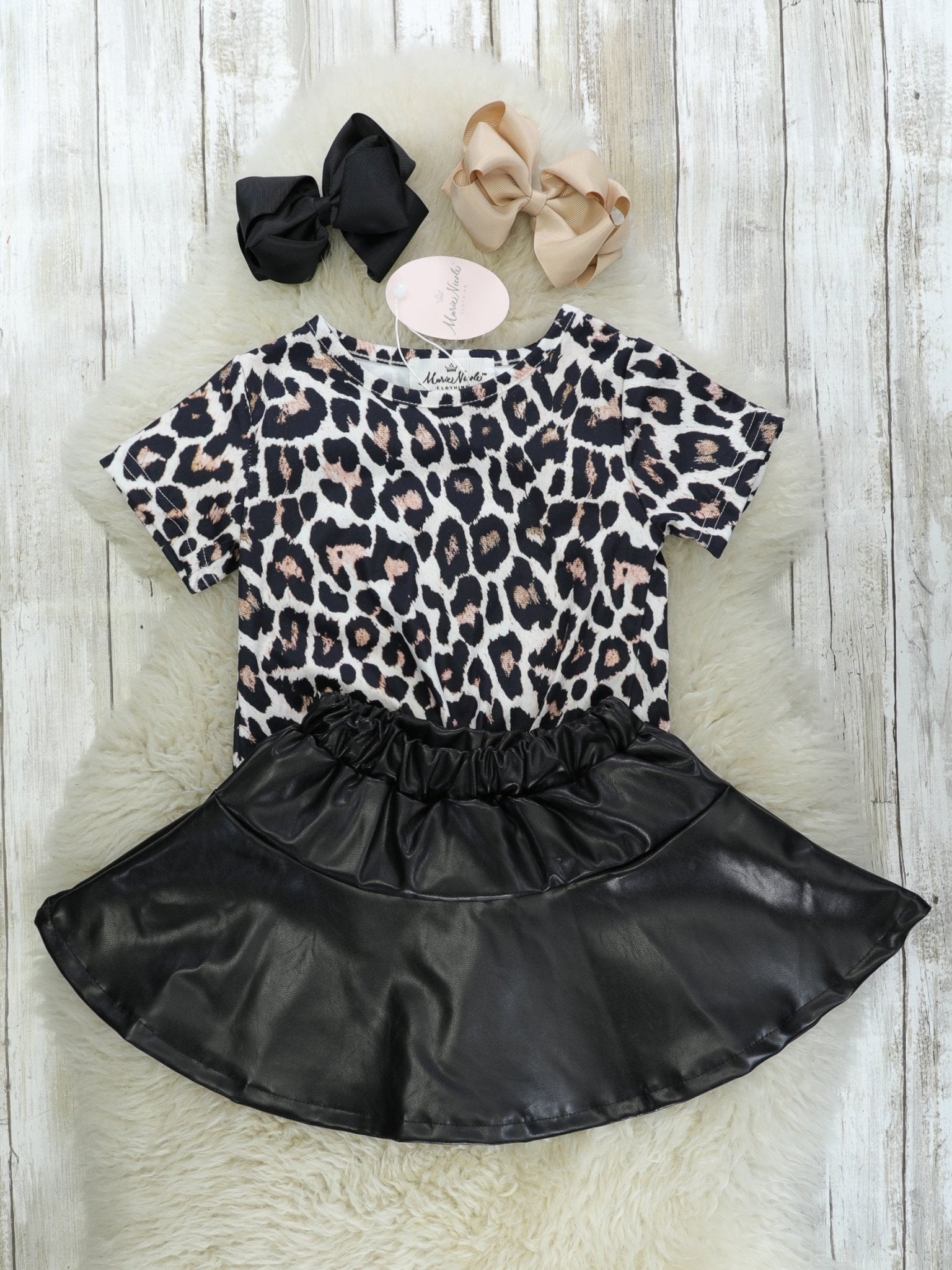 Leopard Tie Top & Faux Leather Skirt - Marie Nicole Clothing